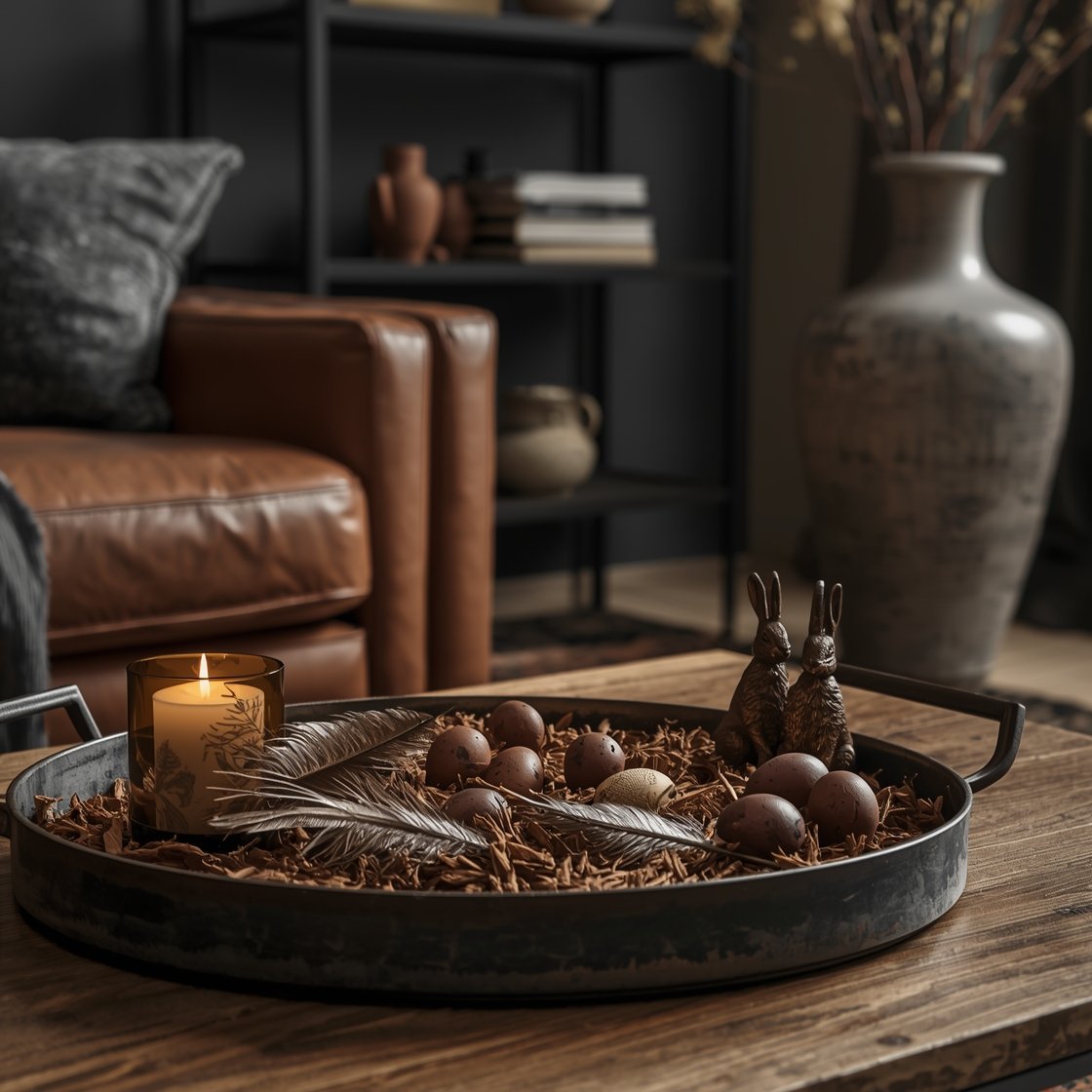 Detail closeup of a moody den coffee table vignette: shallow iron tray filled with wood shavings, bronze-dyed eggs, tiny quail feathers, and a pair of cast metal rabbits; amber glass candles glowing nearby; hints of an iron-and-wood coffee table surface; in the softly blurred background, tobacco leather sofa, charcoal walls, kilim rug, and a blackened metal bookshelf with pottery and foraged branches in a tall stone vase; charcoal, tobacco, bronze, olive palette; woodsy, refined mood with low, ambient lighting.