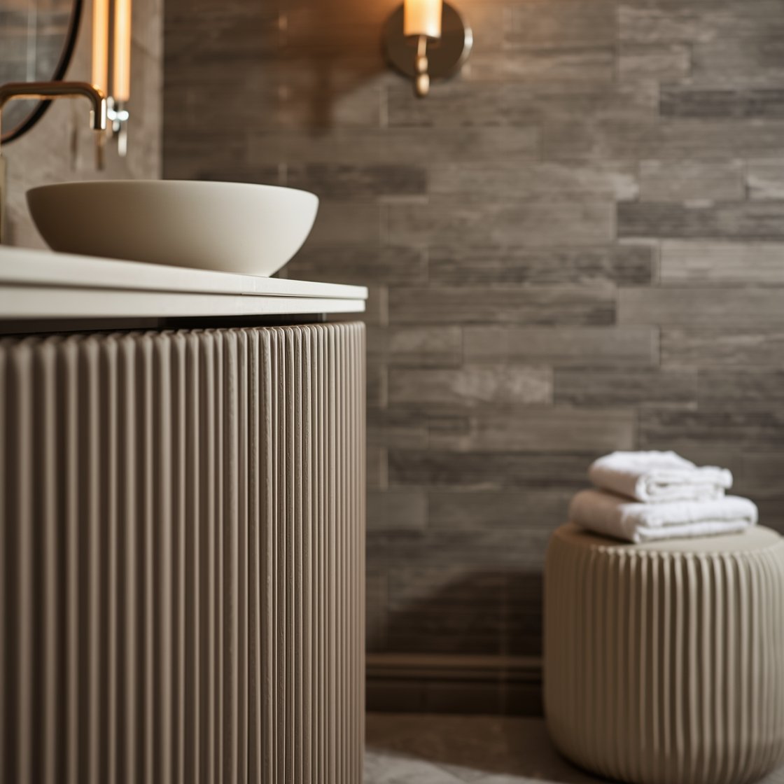 Detail closeup of greige layers: fluted taupe vanity drawer fronts with thin brushed brass pulls; matte ivory round countertop basin; background shows stacked satin tiles in near-matching greige; pill-shaped mirror with brass trim reflected softly; warm LED sconce glow; ribbed ceramic stool with neatly folded towels in frame; subtle stone-pattern porcelain floor blur.