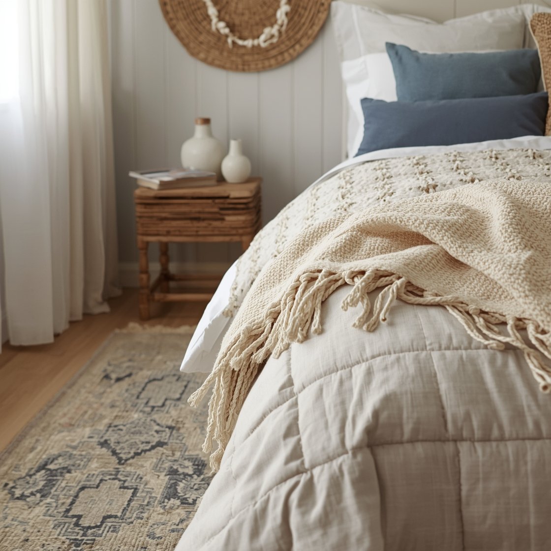Detail closeup of Sandy Boho Cottage layering on the bed: neutral linen duvet with a block-print quilt folded at the foot, mix-and-match pillows featuring tufting, fringe, and macramé in pale blues and oatmeal tones. Edge of a low wooden bench in frame holding a woven tray and a couple of magazines. In soft-focus background, sheer white curtains and a muted-blue patterned kilim or nubby cotton rug. Accents include a shell garland and tiny ceramic bud vases on a thrifted wicker wall shelf. Warm, sun-kissed neutrals and cozy texture, photorealistic.
