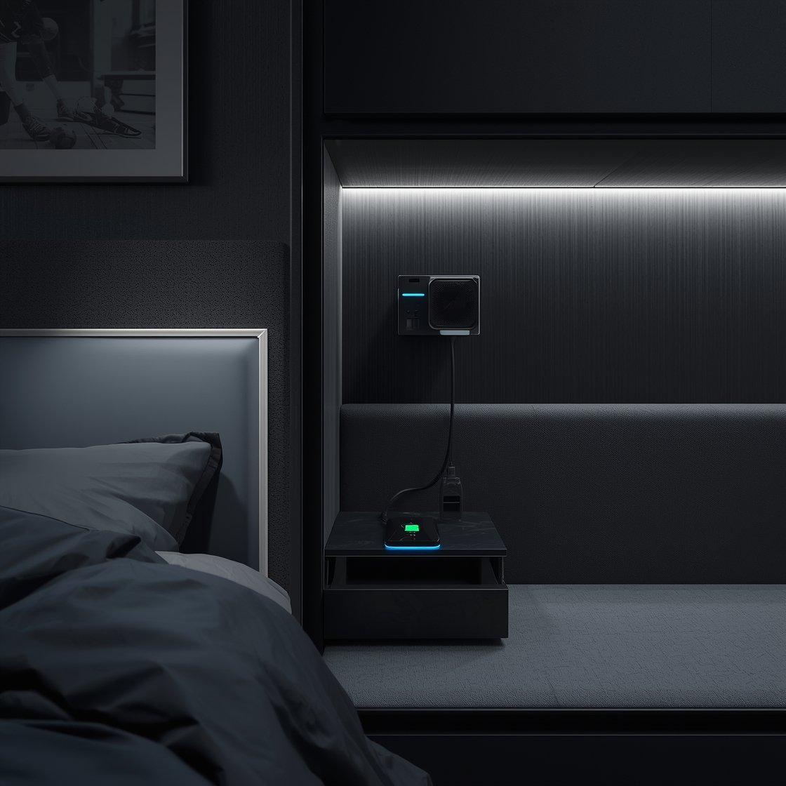 Detail/closeup overhead: Sport-luxe performance room vignette focusing on a graphite storage bed corner with perforated leather detail, a wall-mounted shelf edge in gunmetal, and a compact charging station nightstand. Built-in LED strip lighting glows behind the headboard, with tunable LEDs providing cool gray ambiance. Include a monochrome sports print edge in frame and a bench with hidden compartment slightly ajar. Tight palette: graphite, steel, with a precise pop of electric blue accent. Tech-forward, clean. Photorealistic, no people.