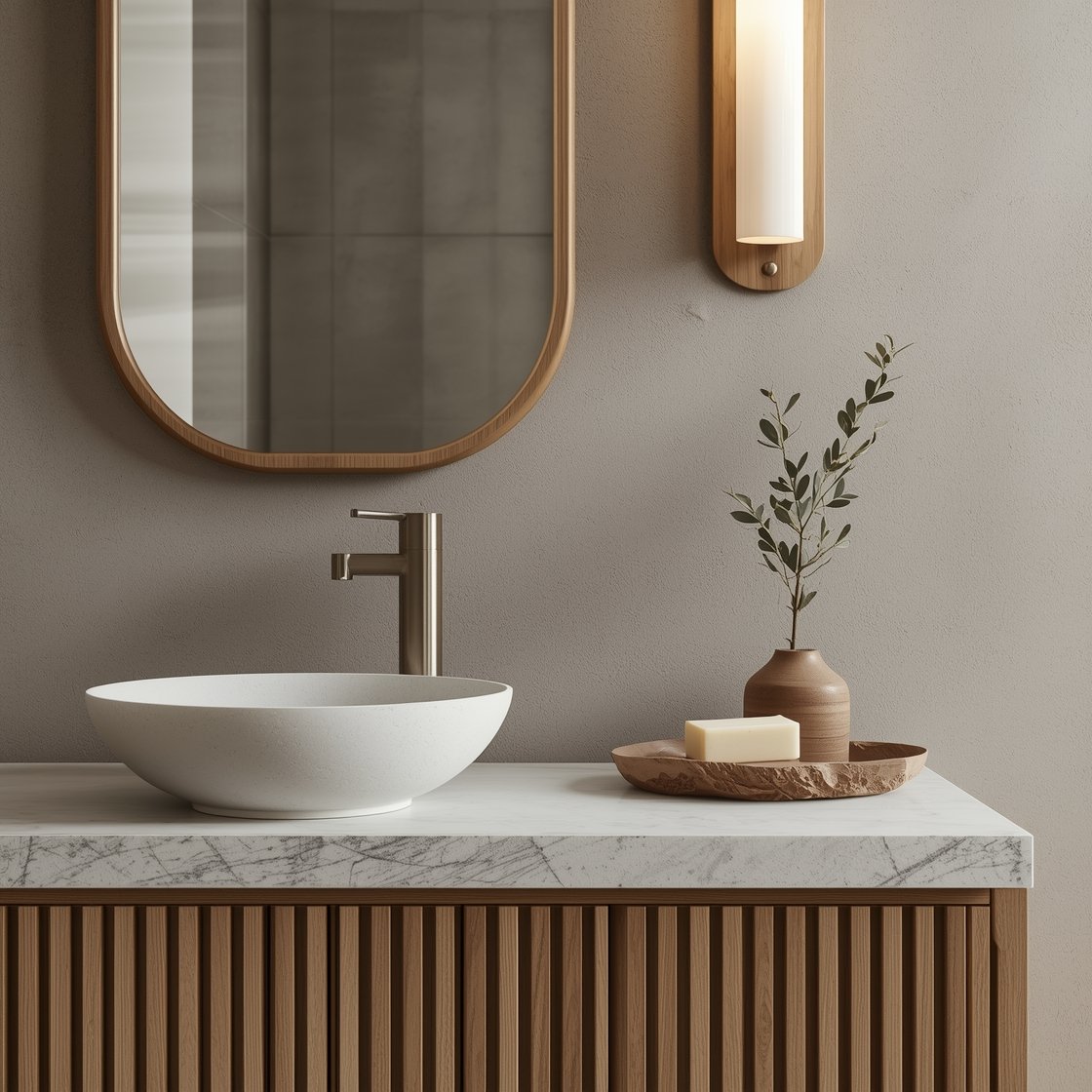 Detail closeup, photorealistic, focusing on refined textures: slatted oak vanity front on a shallow cabinet with a thin honed limestone counter; sculptural oval undermount sink; brushed nickel wall-mount faucet; backdrop of greige microcement wall; a natural-oak oblong pill mirror edge partially visible; vertical frosted-glass stick sconce glow reflected softly; rough ceramic tray with soap and a single olive branch in a stoneware vase. Calm, gallery-like lighting, no people.