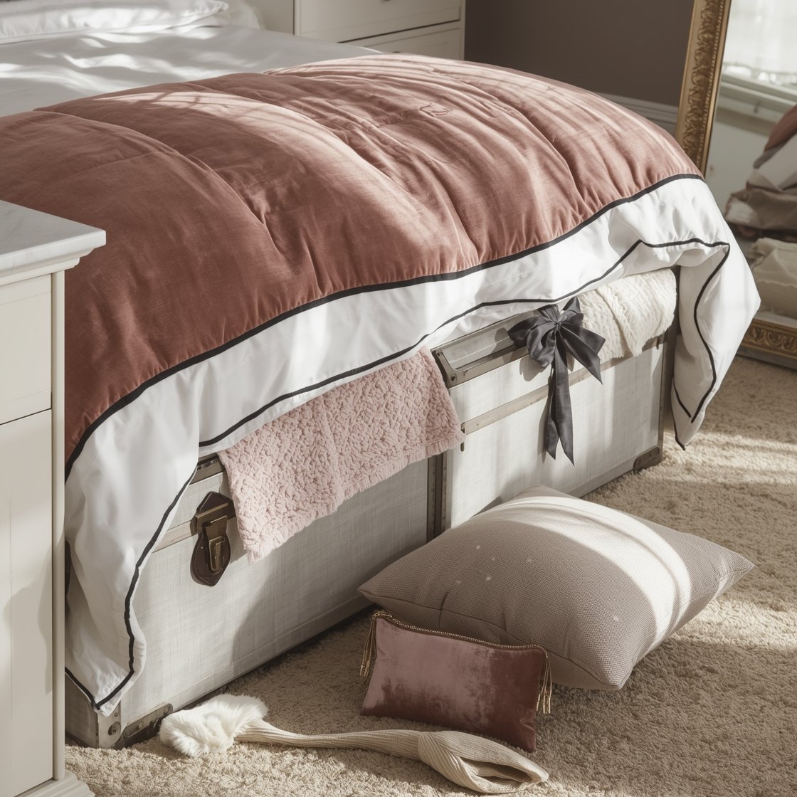 Detail closeup photorealistic shot under the bed of Parisian chic storage: two matching fabric-covered trunks neatly lined up beneath a bed dressed in crisp white percale sheets and a dusty-rose velvet quilt; black ribbon trim pillows visible at the edge; nearby glimpse of marble-topped nightstand and a vintage brass-framed mirror reflecting light; a slim upholstered bench with lift-up seat at the foot of the bed; color palette of ivory with black accents and dusty rose; soft morning light creating gentle shadows on picture-frame molding.