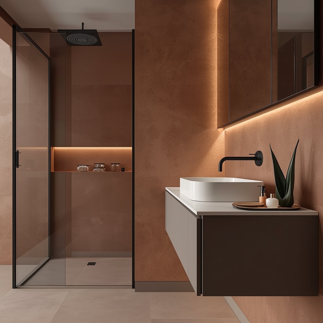 Detail closeup: “Terra-Tech Minimal Luxe” technology meets warmth—matte terracotta microcement wall with whisper texture beside a low-iron glass shower panel framed in black; linear LED strip illuminating a shower niche. Touchless matte black faucet over a white integrated sink from a floating taupe lacquer vanity with push-latch doors. Edge of a smart mirror showing dimmable anti-fog display, hint of ceiling speaker grill. Large-format warm-concrete-look porcelain floor. Graphite tray with clear glass canisters and a sculptural aloe. Sleek, modern, photorealistic.
