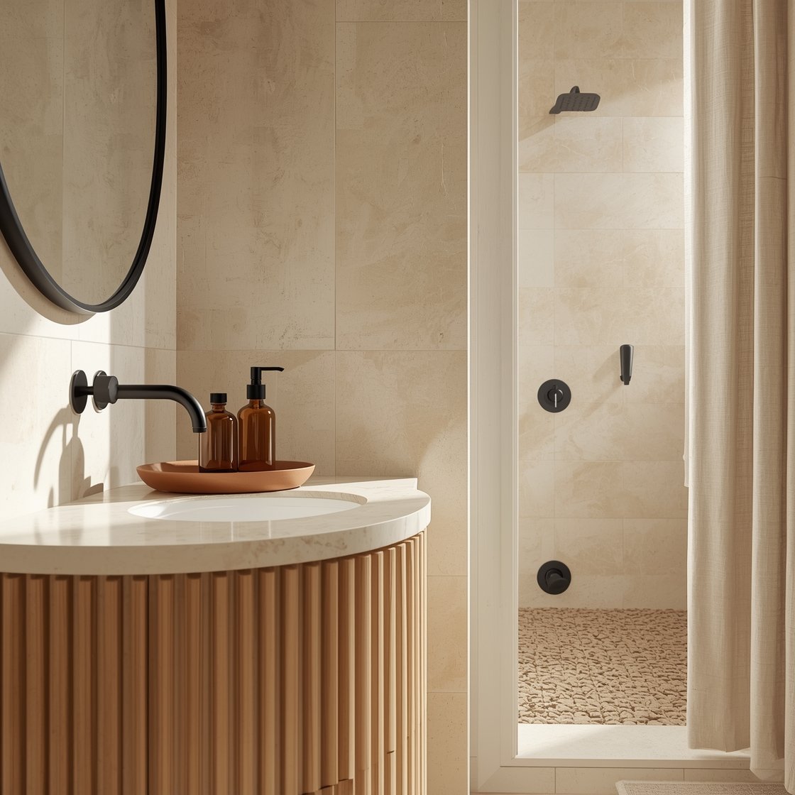Detail closeup, three-quarter angle: Curved birch wood vanity with rounded corners and fluted drawer fronts, creamy limestone counter catching soft daylight. Oval mirror with slim black frame reflects sand-toned large-format wall tiles. Foreground shows a clay tray with amber glass bottles; to the side, a glimpse of the neutral stone pebble floor transitioning to smooth wall tiles. Matte black fixtures: curved spout and minimalist valve; linen shower curtain with black grommets out of focus. Palette of cream, sand, pale birch; tactile, spa-like mood.