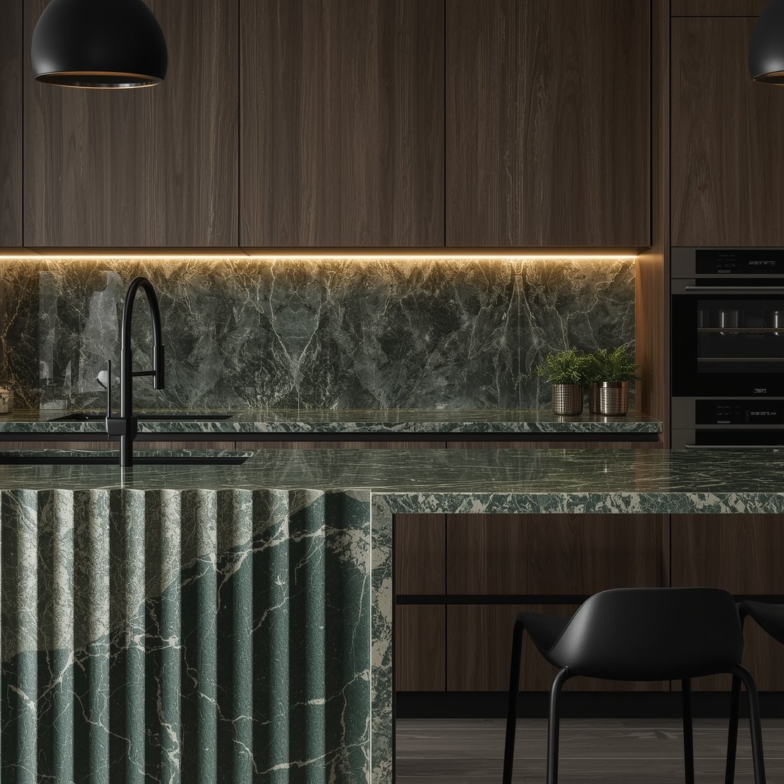 Detail/medium hybrid, Natural Stone Statement: focus on a dramatic stone slab island and matching backsplash (green marble or Breccia Capraia or Arabescato) with vivid veining; fluted oak cabinets with minimalist hardware; black linear faucet; thin-profile LED strip lighting grazing the stone; discreet integrated appliances; paper-thin bar stools with black metal frames; single sculptural pendant. Gallery-like, moody, photorealistic.