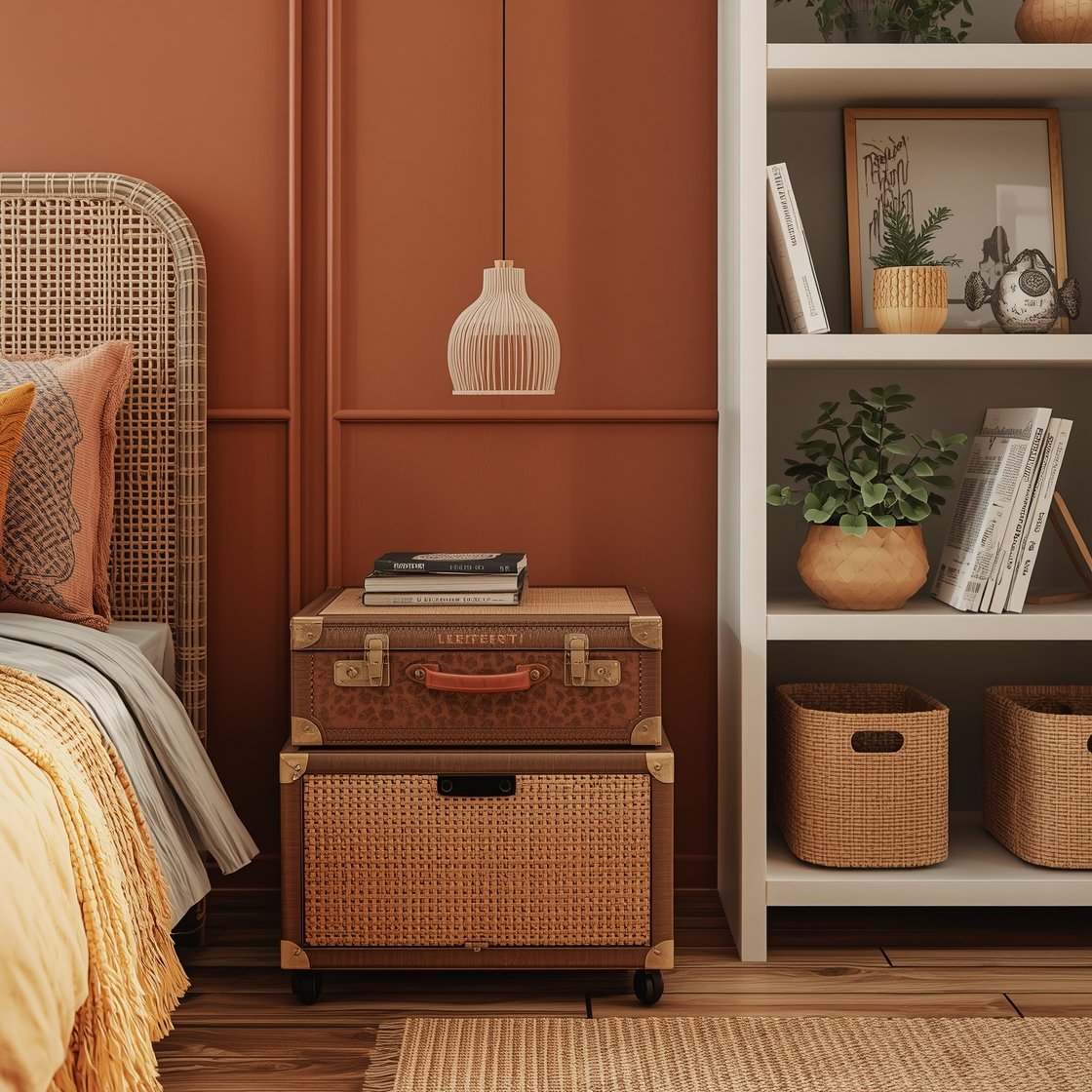Detail overhead photorealistic shot capturing layered boho storage: rolling under-bed bins with patterned fabric fronts partially pulled out beneath the bed; beside the bed, two stacked vintage suitcases serving as a nightstand with a small plant and book on top; rattan headboard edge visible; lower wall painted terracotta with a crisp line separating warm white upper wall; nearby slim bookcase base filled with rattan baskets and open shelves above showing plants, ceramics, and bold paperbacks; palette of terracotta, mustard, and olive; warm ambient light emphasizing textures.
