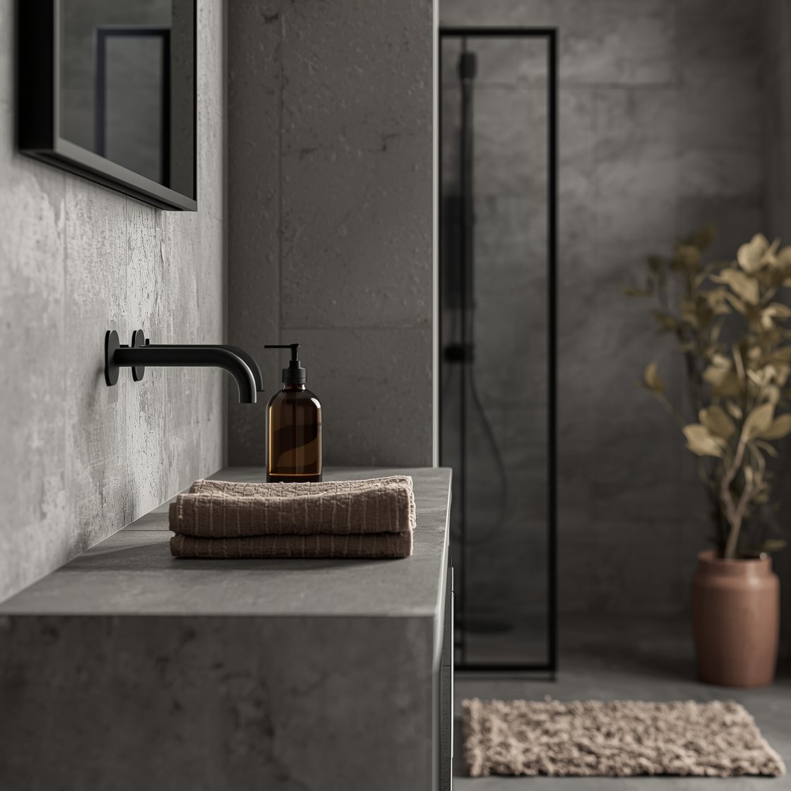 Detail shot of urban concrete chic: concrete-look porcelain wall with subtle texture; slim concrete-style vanity top; black-framed pivot mirror edge and wall-mounted matte black faucet in focus; black shower column blurred behind; plush taupe bath rug and clay ceramic planter soften the scene; minimal accessories—a single smoky glass bottle, folded stone-colored towels; moody, directional lighting.