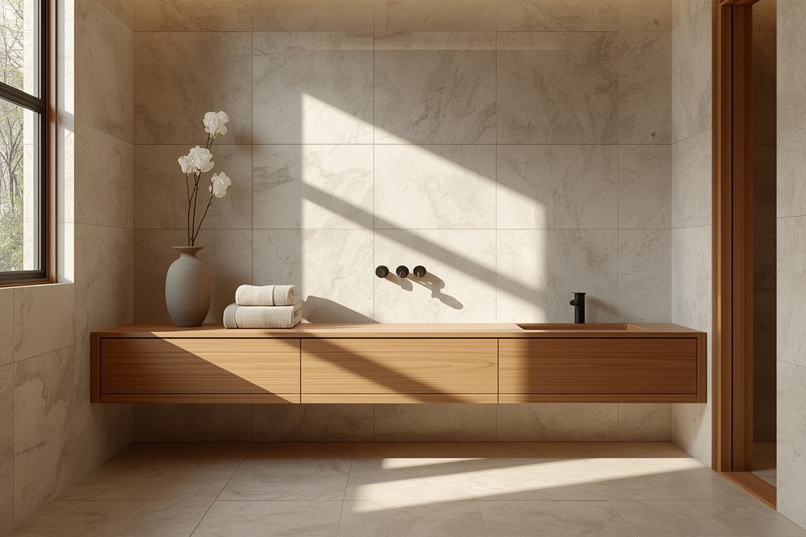 7 Japandi-style Bathroom Ideas With Wooden Vanity, Black Fixtures & Neutral Stone Tiles