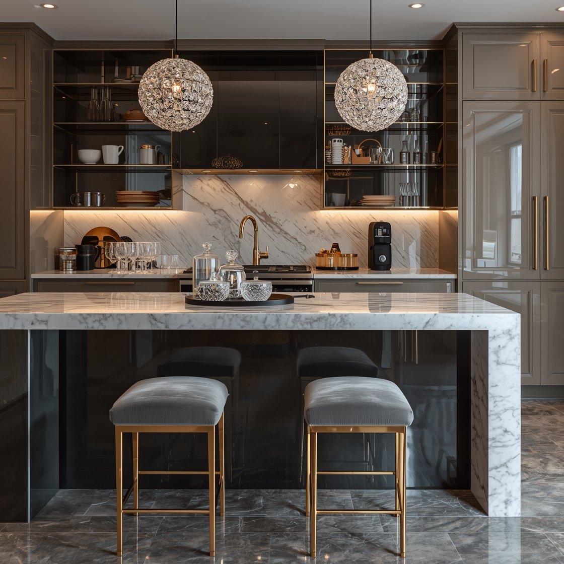 Glam medium shot, High-Gloss Urban Glam: high-gloss taupe (or charcoal) cabinets reflecting light; Calacatta-look waterfall island; polished nickel hardware; mirror-backed open shelves; crystal globe pendants sparkling above; velvet counter stools with gold-capped legs; silky gray runner; sleek espresso machine and tray of cut crystal decanters. Nighttime glow with reflective highlights, photorealistic.