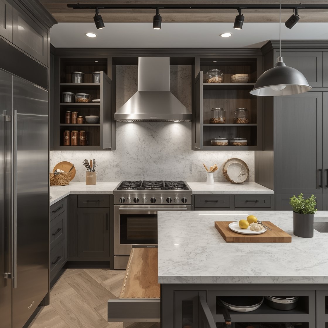 High-Function Modern Chef’s Kitchen, overhead/angle detail of workflow zone: smoky gray full-height pantry walls with pull-out organizers partially open; stainless professional range under a custom plaster or metal range hood; durable honed quartz countertop; stainless worktable-style island with integrated butcher block ends; layered lighting with recessed cans, track lighting over prep zones, and industrial pendants; knife magnetic strips, labeled glass canisters, and deep drawers for pans. Efficient, clean, photorealistic.
