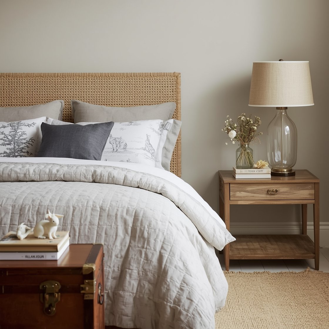 Medium bedroom scene from a slight side angle showing a woven seagrass headboard against a light greige wall; layered stone-colored linen bedding and a matelassé coverlet with muted charcoal bunny toile shams; vintage trunk at the foot of the bed; fluted bedside lamp with a linen shade on the nightstand; bud vase with wildflowers, stack of worn books tied with twine, and a tiny porcelain rabbit; flatweave oatmeal rug grounding the space; greige, oatmeal, soft charcoal, ivory palette; tranquil, hotel-like serenity.