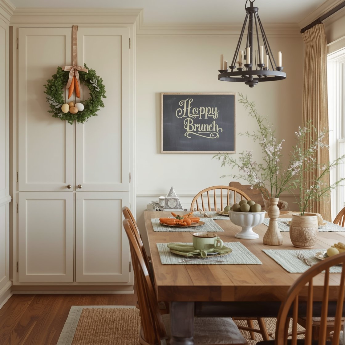 Medium breakfast nook, three-quarter angle: creamy shaker cabinets, chunky butcher-block table, spindle-back chairs; Easter wreath with eggs and carrots hung on a cabinet door with a satin ribbon, plus an alternate wreath on a plate stand beside a small chalkboard sign reading “Hoppy Brunch”; warm woods and buttercream palette with carrot orange and pistachio accents in linens and dishware; tabletop details: mossy placemats, milk-glass pedestal bowl filled with faux eggs, wire basket for napkins, matte ceramic mugs; narrow oatmeal runner on the floor; soft morning natural light; photorealistic.
