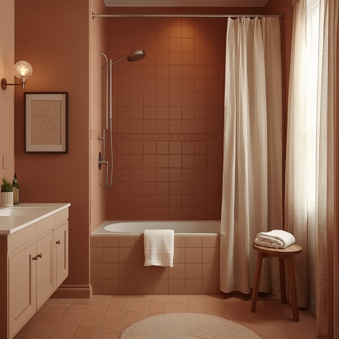 Medium closeup: “Soft Clay Monochrome Sanctuary” tone-on-tone terracotta composition—walls, vanity, and tub apron in slightly varied matte terracotta shades for depth. Satin terracotta zellige tiles in the shower with soft sheen and artisanal imperfections, brushed stainless fixtures as a cool counterpoint. Sheer linen café curtains diffusing light, frosted-glass sconces glowing gently. Pale oak stool, sand-colored towels, looped cotton rug texture visible. One minimalist line drawing in a thin wood frame. Cocooning, airy, photorealistic.