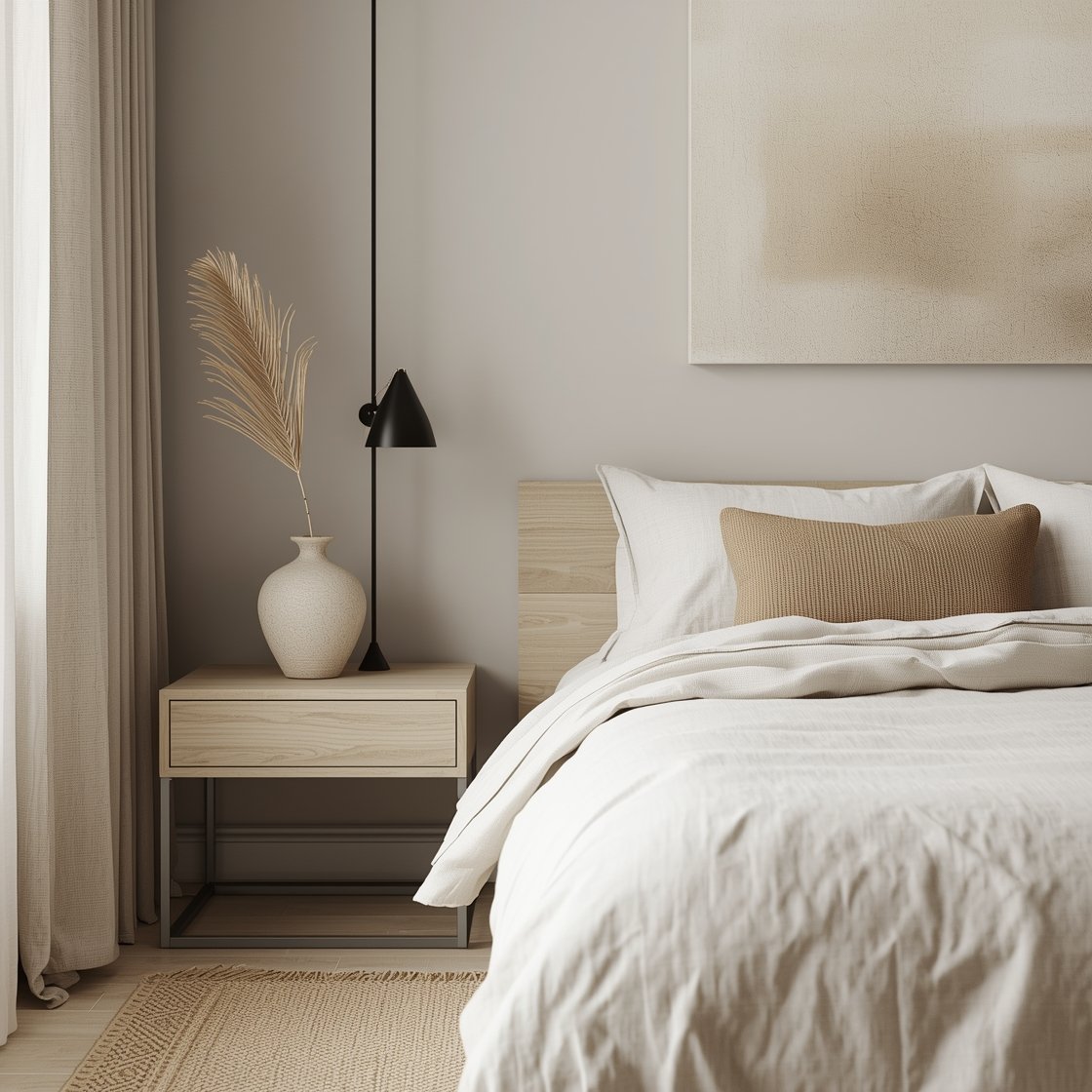 Medium corner angle of a Driftwood Minimalist setup: low-profile natural wood bed (limewashed look) dressed in stone-colored linen bedding, a single textured lumbar pillow in a sandy hue. Minimal nightstand with a single ceramic vase holding a simple branch or palm frond. Flatweave rug in ivory and taupe, oyster gray walls, tonal textured canvas/plaster art in creams. Slim black or brushed nickel lamp for contrast. Quiet, uncluttered composition emphasizing neutral tones and linen texture, soft diffused daylight, photorealistic.