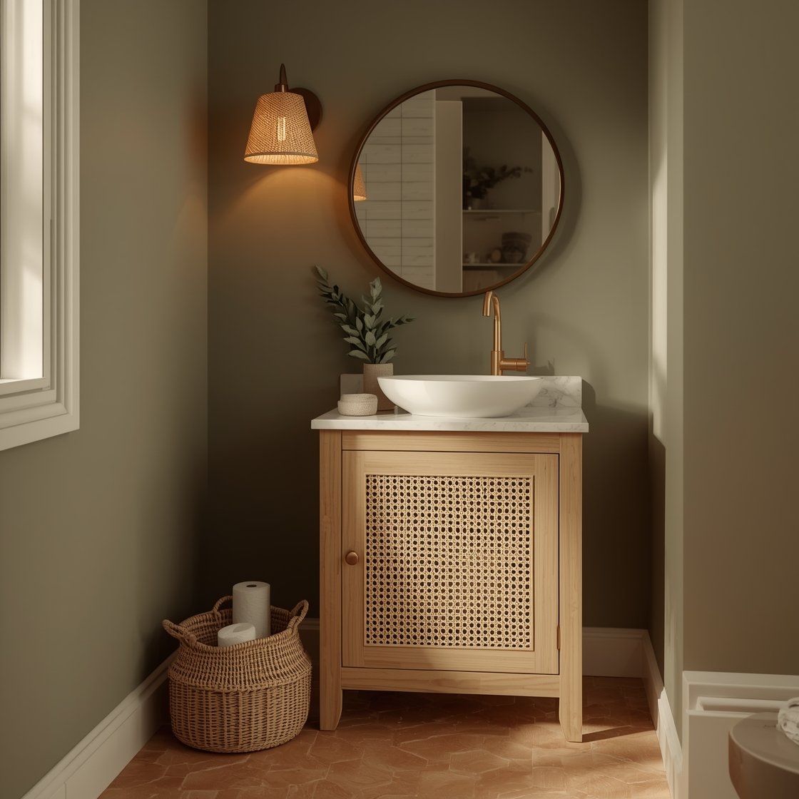 Medium corner-angle photorealistic scene with cozy, organic feel: muted olive green walls; compact light-oak vanity with a cane-front door; creamy quartz countertop and softly curved inset sink; brushed brass gooseneck faucet; round rattan-framed mirror; warm terracotta-look small hex porcelain floor; linen-shaded mini sconce with brass neck casting a soft glow; small woven basket with extra TP tucked beneath; sprig of eucalyptus and a handmade stone soap dish. Warm, spa-like lighting, no people.