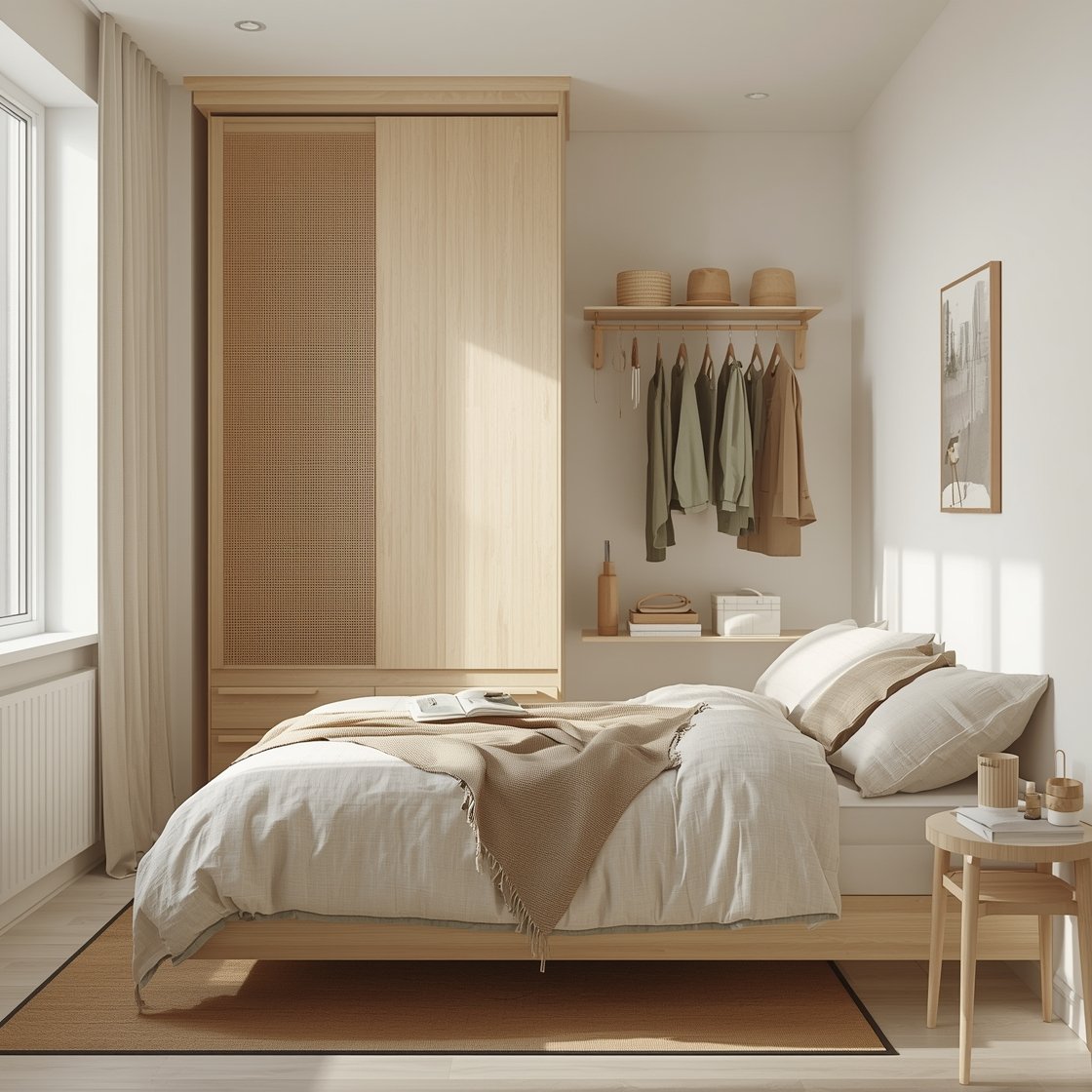 Medium corner-angle photorealistic shot of a Scandinavian small bedroom with airy lines: low bed on tapered legs so floor is visible beneath, creamy soft white walls, pale oak elements, and sage accents; a leaning ladder-style rack holding tomorrow’s outfit; a floor-to-ceiling slim cane-door wardrobe for breathable storage; floating nightstands to keep floor clear; a narrow peg rail running the bed wall with hats, totes, and jewelry; organic textures from a linen duvet and jute rug; bright natural daylight for a light, spacious feel.