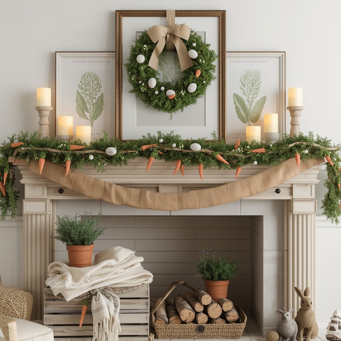 Medium fireplace mantel vignette, straight-on: Easter wreath with eggs and carrots centered above the mantel; layered antique frames and botanical prints; staggered pillar candles in creamy holders casting a warm evening candlelight glow; narrow faux greenery garland threaded with speckled eggs and tiny carrots; hearth styled with stacked vintage crates holding folded blankets and a basket of birch logs; textures of burlap ribbon and linen runner, clay pots with herbs; accents in weathered wood, moss, ivory, soft apricot, plus a brass bunny figurine and woven tray for remotes; photorealistic.