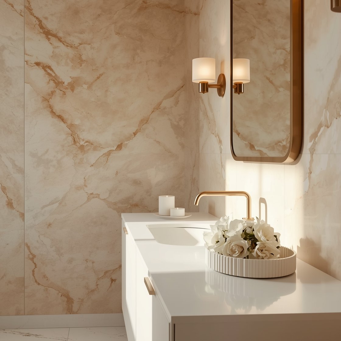 Medium glamour shot focusing on Calacatta-look porcelain slabs: large-format walls with delicate caramel veining; matte simple floor; almond vanity with bright white countertop; slim warm brass faucets and matching framed mirror; milk-glass sconces casting soft glow; ribbed ivory ceramic tray with white peonies; calm, polished ambiance.