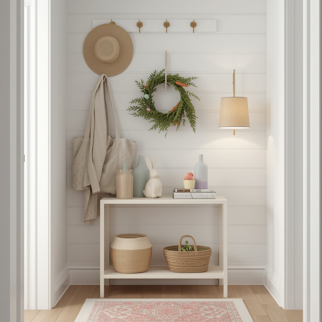 Medium interior entryway nook, corner angle: white shiplap wall with a simple peg rail holding an everyday tote, straw hat, and soft linen scarf; Easter wreath with eggs and carrots hanging centrally above a slim white oak console table with clean lines; console styled with a ceramic bunny, pastel bud vases, and a small stack of vintage books tied with ribbon; blush runner on the floor; brass sconce with a linen shade casting soft warm light; accents in soft coral, lavender, and robin’s egg blue; airy, fresh mood; photorealistic.