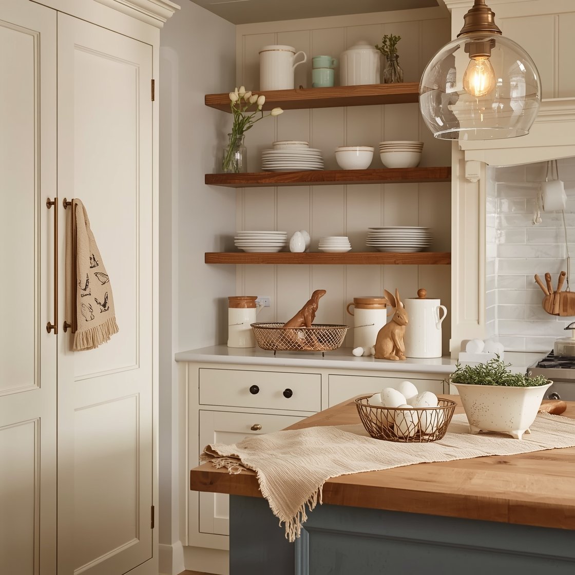 Medium kitchen scene from a corner angle showing creamy shaker cabinets, open pine shelves, and a butcher-block island with a casually draped linen runner; bell-shaped glass pendants with bronzed hardware glowing warmly; shelves styled with white stoneware, ribbed mixing bowls, and a reclaimed dough bowl of speckled ceramic eggs; oven door with a flax-colored tea towel embroidered with bunnies; wire basket of farm eggs, potted rosemary, and a rustic ceramic rabbit cookie jar; cream, flax, and soft robin’s egg blue tones; cozy, fresh-baked ambiance.