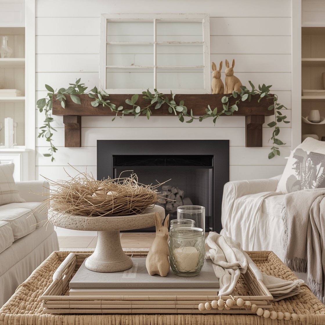 Medium living room vignette facing a shiplap fireplace with a chunky beam mantel; distressed window frame leaned as art with a garland of olive leaves draped across; mantel styled with a stone compote holding a raffia nest and wooden eggs, a pair of carved wood bunnies, and mercury glass votives; slipcovered sofa partially visible; coffee table wicker tray with a linen-covered book stack, ceramic tulip vase, and a beaded garland with a cross; cloud white, mushroom, olive, warm wood palette; calm, collected mood with soft afternoon light.