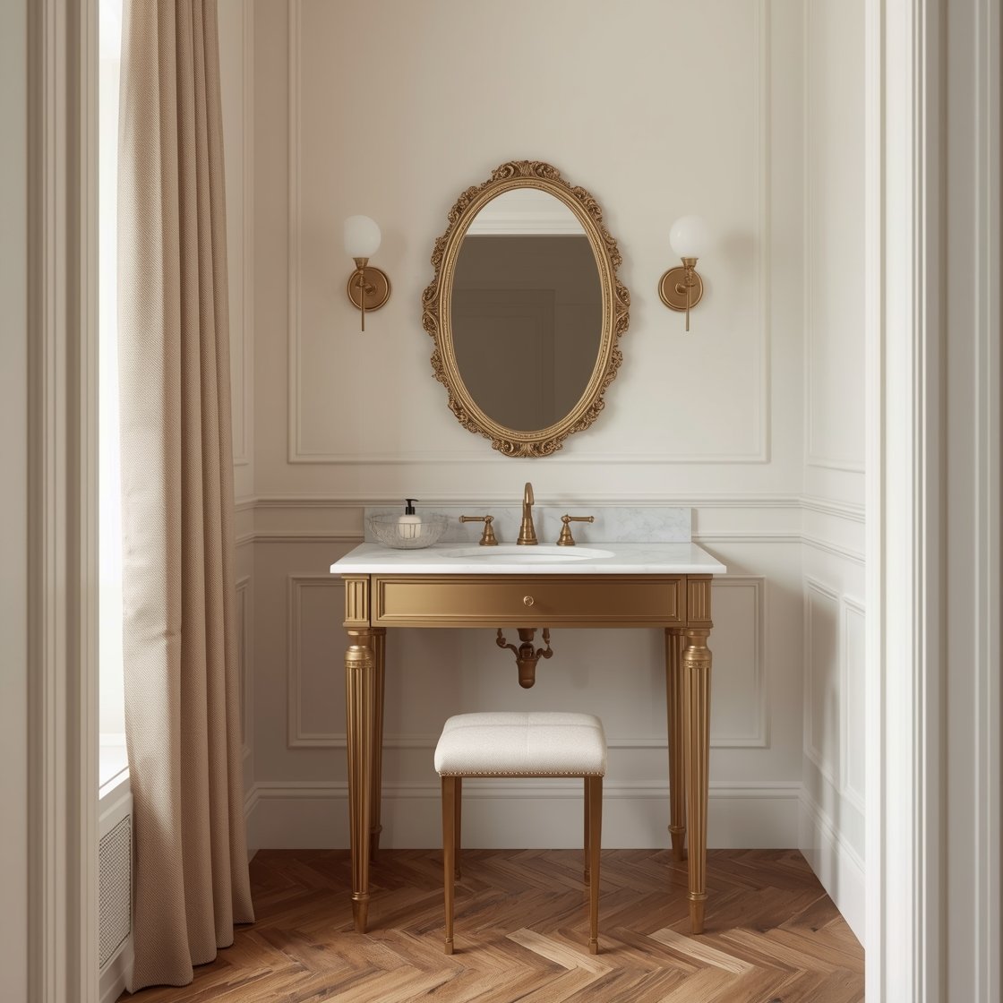 Medium Parisian powder room: herringbone oak-look tile floor, cream walls with high baseboards and simple molding; slender console vanity with marble top and fluted aged brass legs; ornate oval mirror in soft gold; delicate globe sconces; pleated linen cafe curtain, petite stool, and a crystal dish for soaps on the console; elegant, soft daylight.