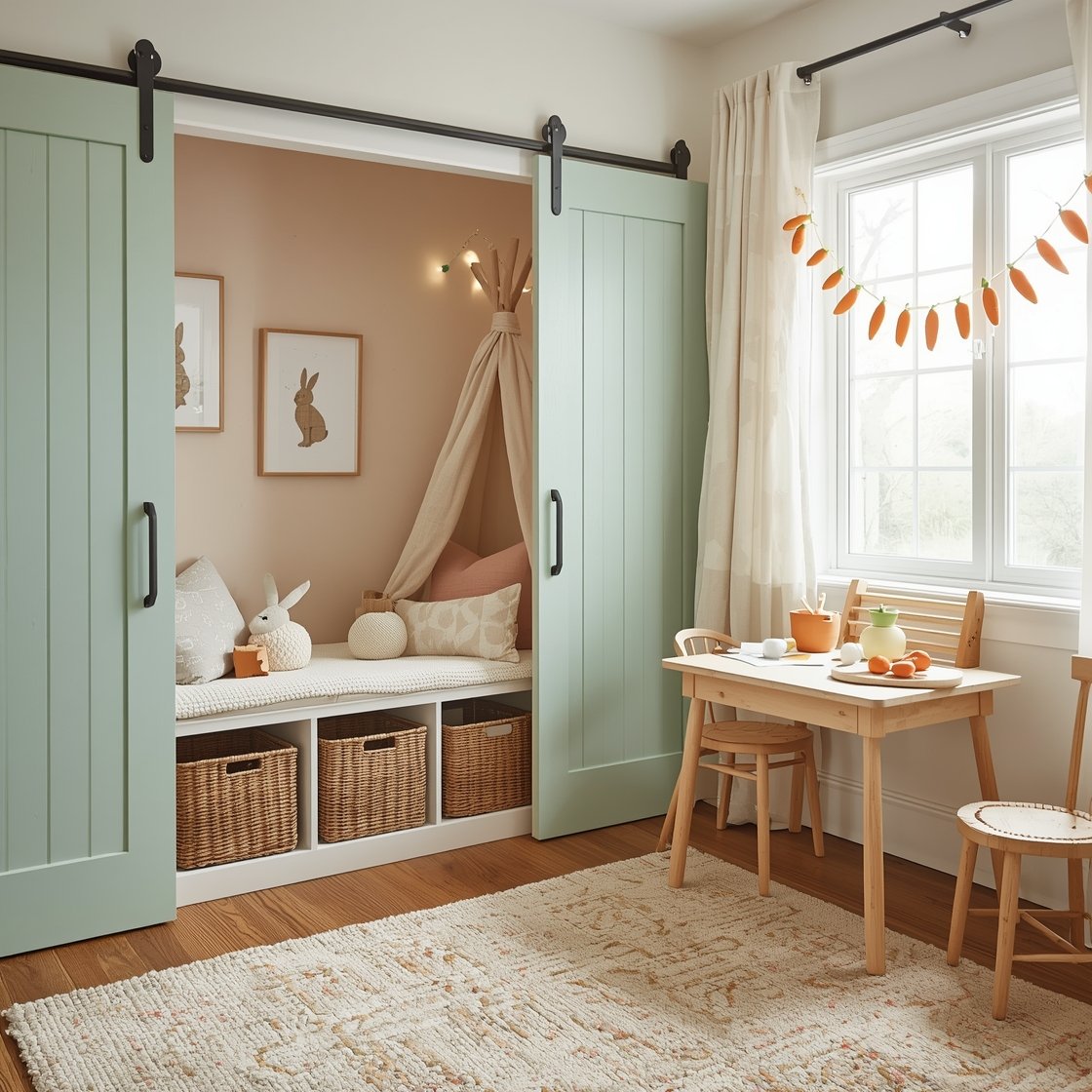 Medium playroom corner with playful order: sliding barn doors painted pastel mint; braided wool rug; low cubbies with wicker baskets for toys; reading nook teepee draped in gauzy muslin, twinkle lights, and bunny-ear cushions; wall with framed silhouette prints of rabbits and chicks above a mini craft table set with egg-dye supplies and a wooden drying rack; felt carrot garland looping across the window; mint, peach, butter, cloud white palette; imaginative and tidy.