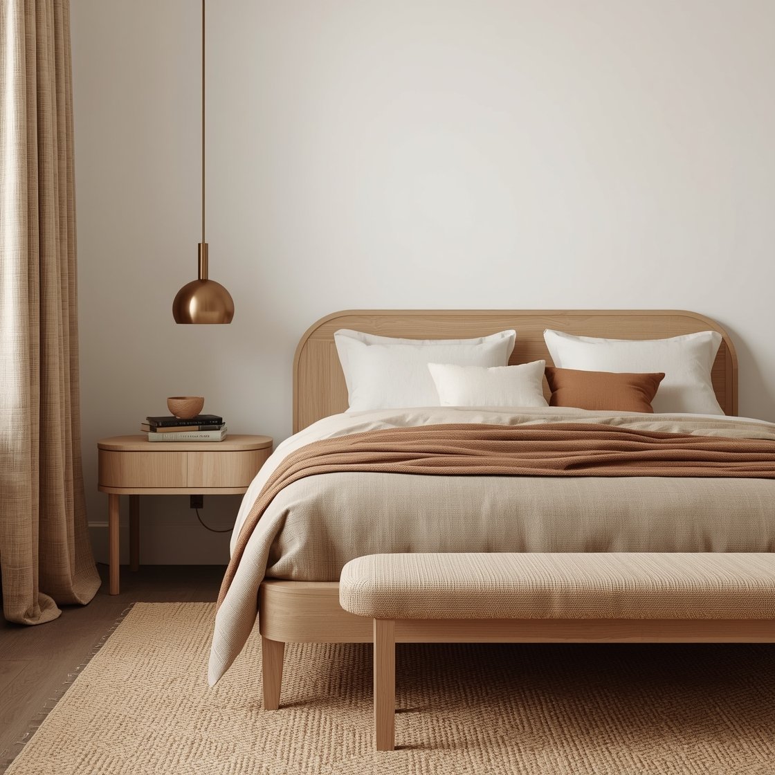 Medium shot: A warm minimalist retreat featuring warm white walls, a natural light oak bed frame dressed in sandy taupe linens. Layer textures with a jute rug underfoot, long linen curtains, and a single clay-toned throw pillow. Rounded light oak nightstand styled with a small stack of books and a ceramic dish, brushed brass details, and a bench in oatmeal bouclé at the foot of the bed. Soft globe or mushroom lamps cast a gentle, diffuse glow. Calm, boutique-hotel vibe. Photorealistic, no people.