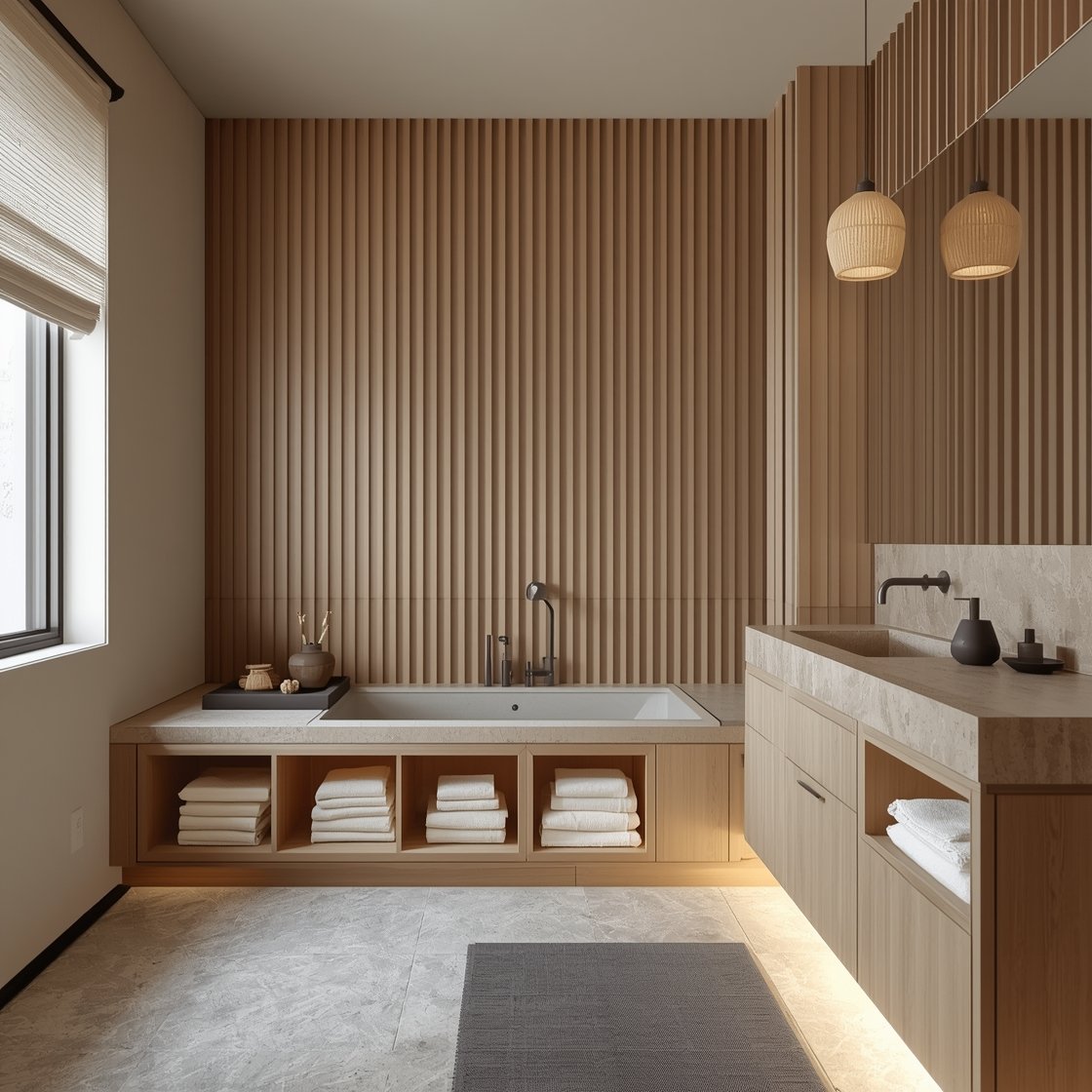 Medium shot: “Clay-Modern Japandi Retreat” focusing on a feature wall of vertically stacked matte terracotta tiles creating subtle rhythm, balanced by pale ash wood cabinetry and soft gray terrazzo floor. Low rectangular soaking tub tucked under a window with linen shades, horizontal quiet lines. Slim-profile vanity top with integrated trough sink and matte graphite fixtures, open cubbies holding neatly folded off-white towels and a single ceramic tray. Rice paper pendant overhead and under-cabinet LED glow. Charcoal bath mat and one stoneware vase. Calm, deliberate, photorealistic.