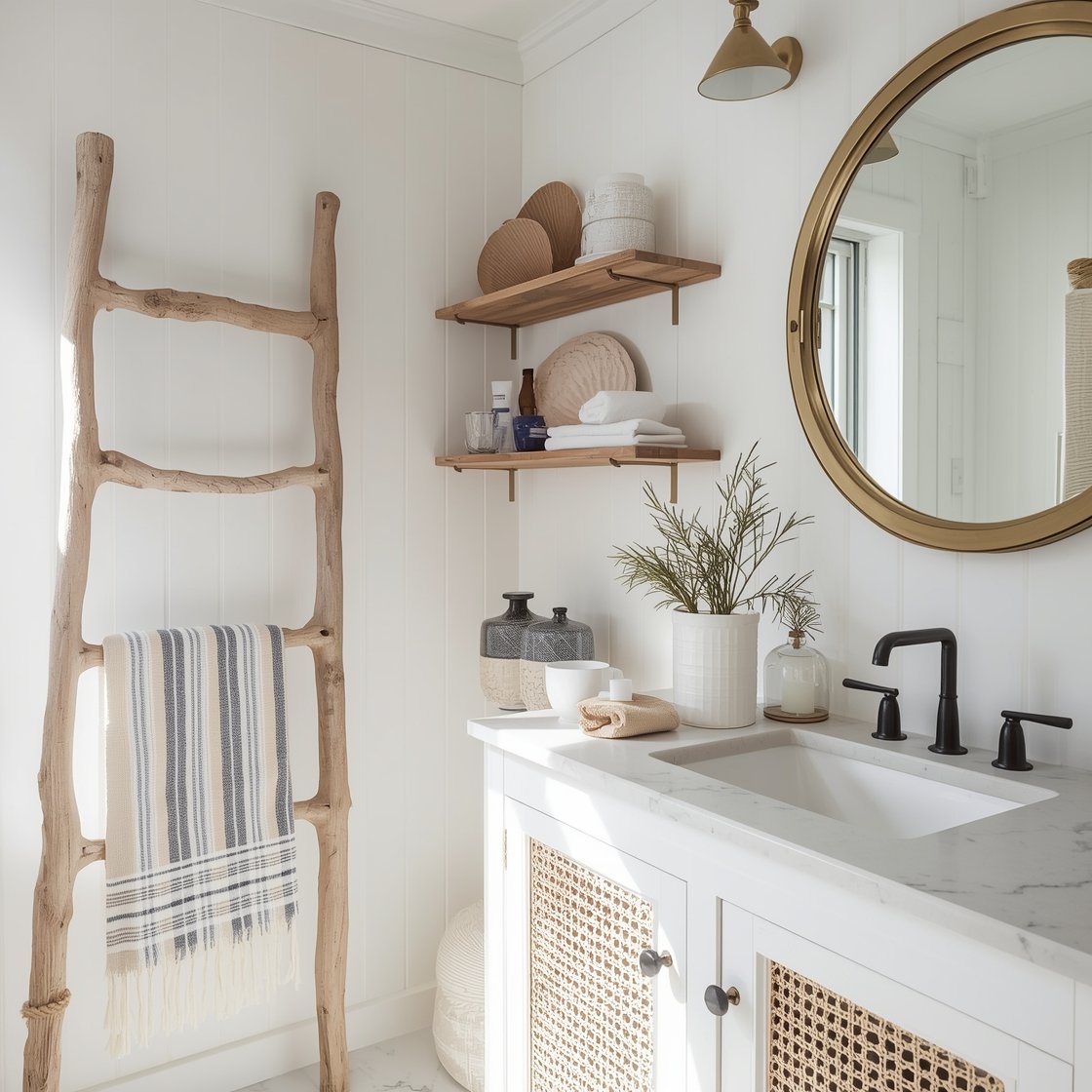 Medium shot: Coastal boho breeze vanity wall with white shiplap, a white vanity with cane-front doors and pale quartz top, driftwood shelving displaying shell-inspired accessories, rope handles, a striped Turkish towel ladder, and a round brass-trim porthole mirror; palette sea salt white, sand, driftwood, soft blue; textures cane, rope, linen, honed stone; bright, sunlit coastal light.