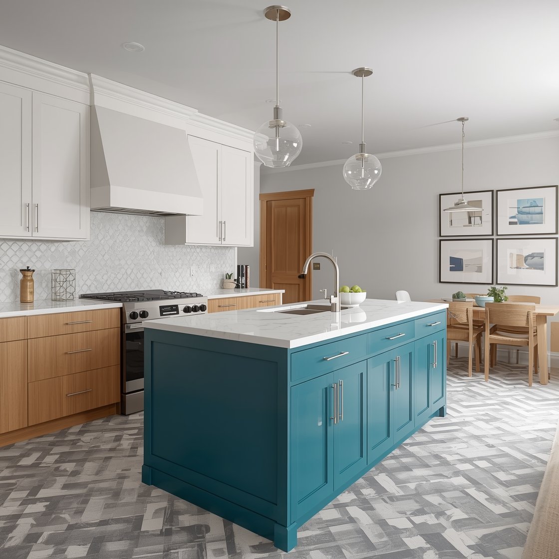 Medium shot focused on the island, Bold Color Pop Contemporary: white upper cabinets, oak lower cabinets, statement island in deep teal (or cobalt blue) with white quartz countertop; brushed chrome finger pulls; clear glass pendants overhead; gray-and-white checkerboard floor; a gallery wall of framed abstract prints in the background. Playful, crisp, photorealistic.