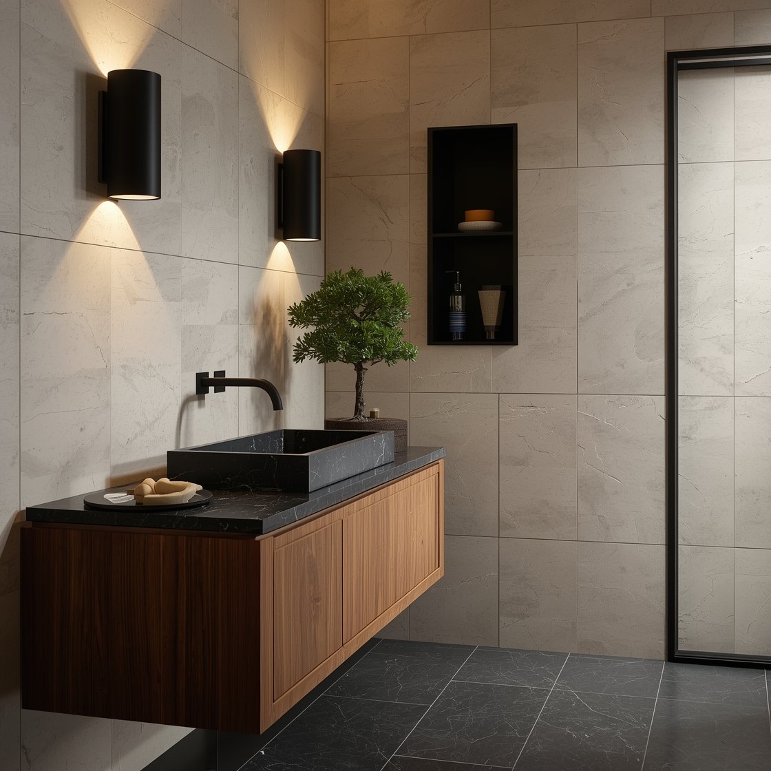 Medium shot from a corner angle: Minimalist monolith vanity in rich walnut with handleless flat fronts, topped by an ultra-thin basalt slab with an integrated trough sink. Pale mushroom-tone neutral stone wall tiles contrast with a darker charcoal porcelain floor. Powdery matte black fixtures: wall-mounted faucet and angular towel rail. A single bonsai sits sculpturally on the counter. Cylindrical black sconces cast a warm 2700K glow; a recessed wall cabinet with a black-edged frame is visible. Mood: quiet drama, high contrast, photorealistic clarity.