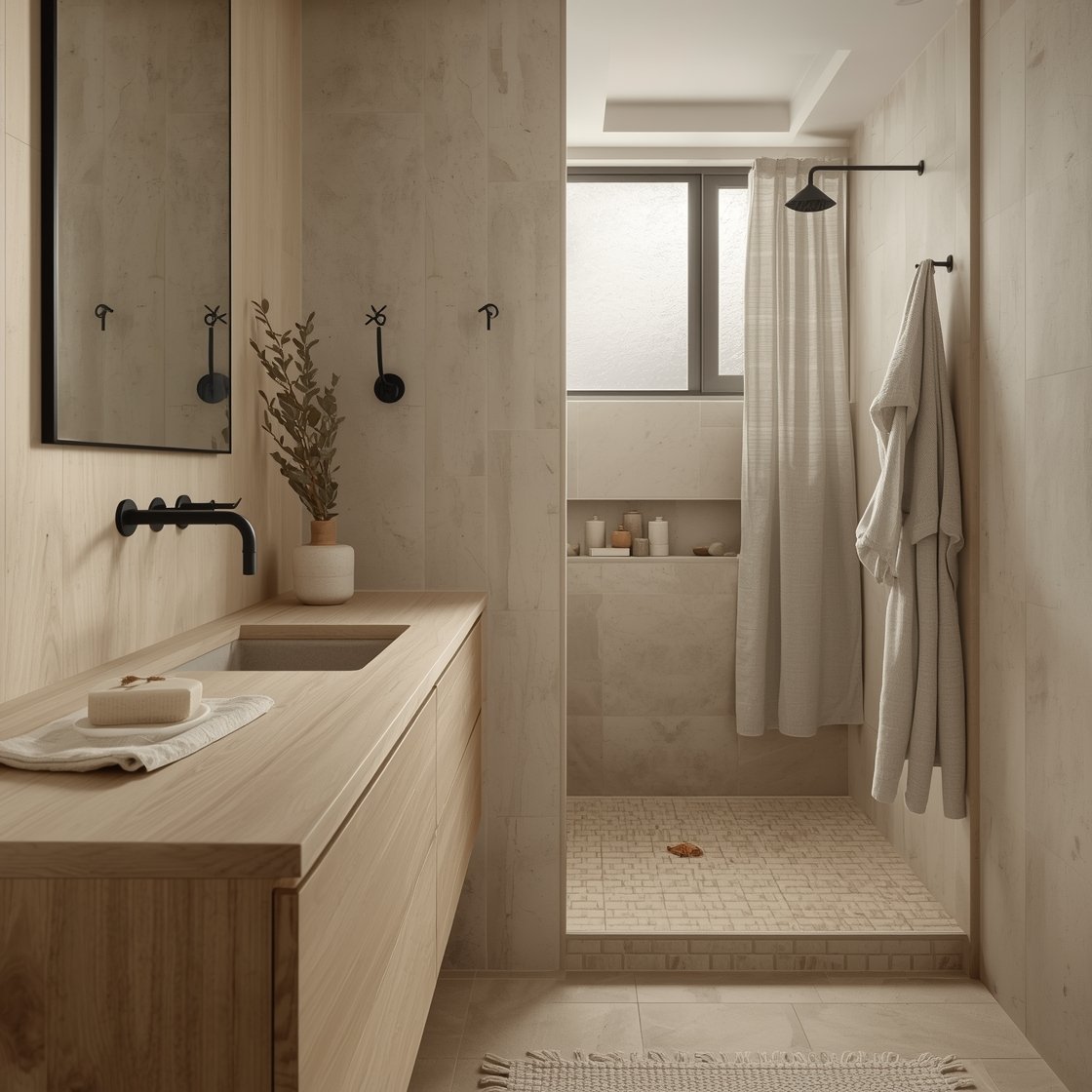 Medium shot from a side angle: Nature-forward sanctuary with a pale pine vanity showing visible knots and a satin finish. A sculpted stone ledge forms the sink deck and continues seamlessly into the shower niche. Walls and floor in warm oatmeal neutral stone tiles provide a cohesive envelope. Matte black fixtures: slender spout, discreet shower valve, simple robe pegs. A narrow shelf displays river stones, a eucalyptus sprig, and handmade soap; nubby cotton bath mat and natural linen curtain present. Soft black accents, frosted window film diffusing daylight for privacy; calm, earthy atmosphere.