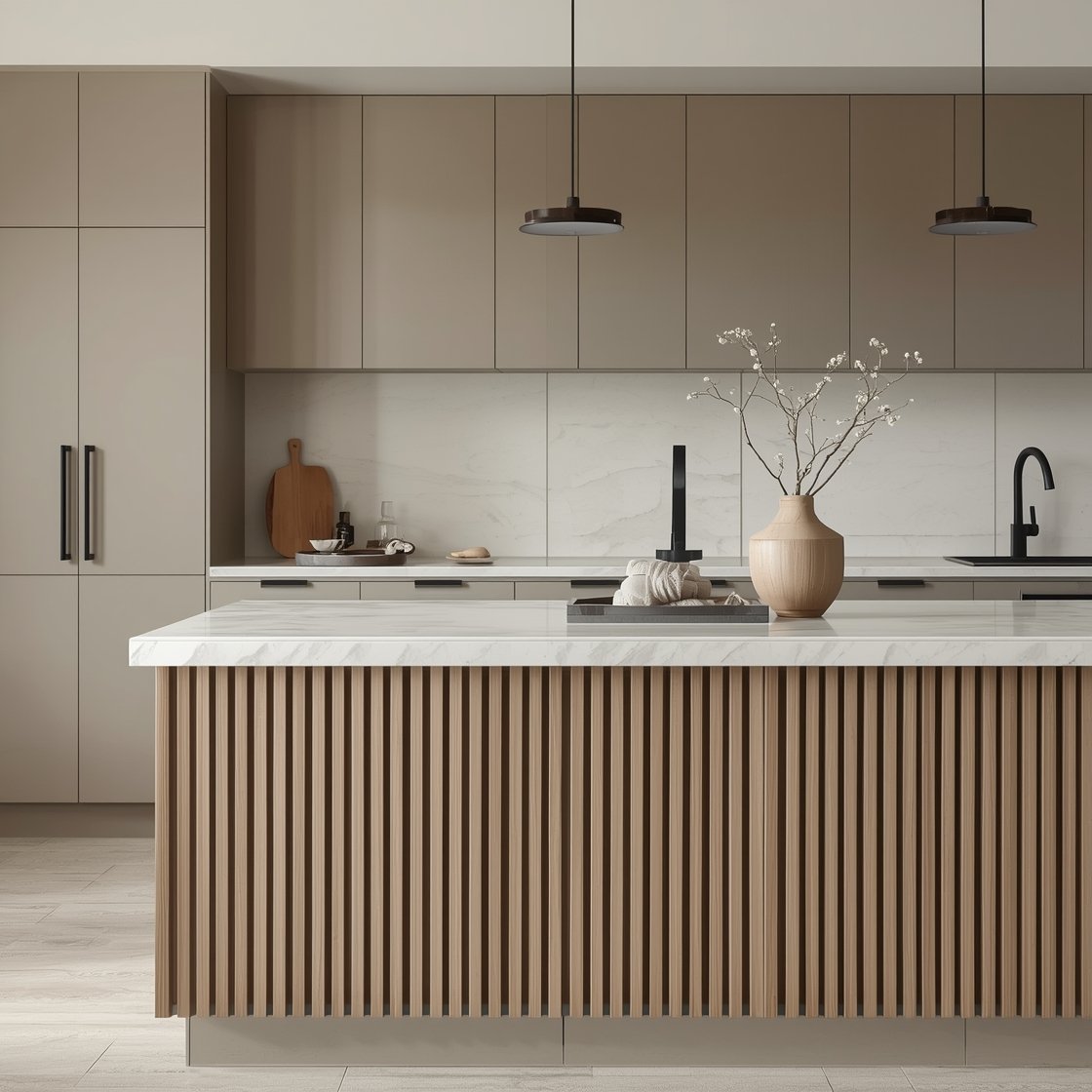 Medium shot, Japandi Zen Retreat: taupe-beige cabinetry, island clad with slatted wood paneling, softly veined cream quartzite countertop; backsplash of oversized rectangular tiles laid vertically; blackened steel hardware and slim fixtures; paper lantern pendants providing diffuse light; styled with stone trays, linen tea towels, and a single branch in a ceramic vase on the island. Serene, sand-and-cream palette, photorealistic.