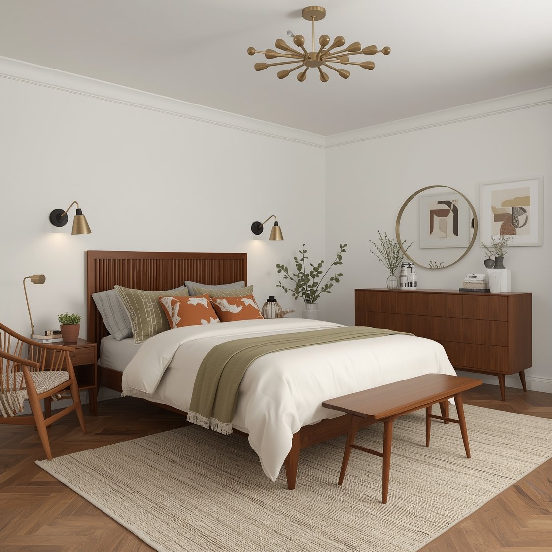 Medium shot: Mid-century cool hideaway showcasing a walnut tapered-leg platform bed with cream bedding and accents in olive green and burnt orange. Include a walnut slatted dresser, spindle-back accent chair, and a round brass-edged mirror. Brass cone sconces flank the bed; a Sputnik ceiling fixture overhead. Ground the scene with a patterned rug and a pair of geometric art prints on the wall. Textured wool elements visible. Retro lines with modern polish. Photorealistic, no people.