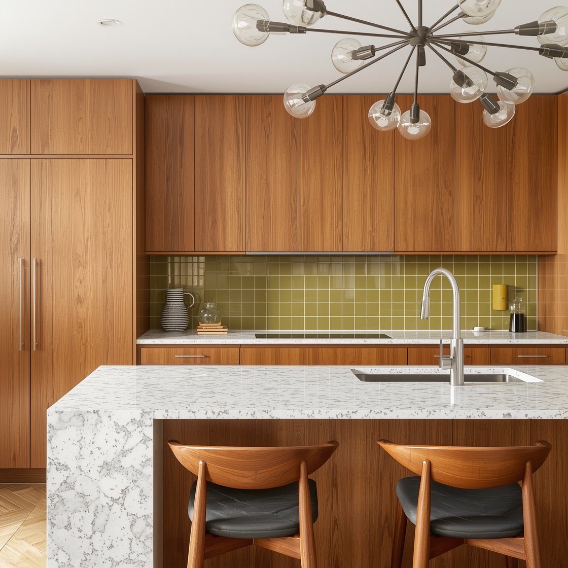 Medium shot, Mid-Century Modern Groove: warm teak flat-front cabinets, white terrazzo countertop flecked with gray and caramel; square-edge backsplash tile in olive (or mustard) as a color pop; branching Sputnik chandelier above the island; cone sconces over the sink; leather strap pulls and curved counter stools with walnut legs. Clean lines, subtle retro vibe, photorealistic.