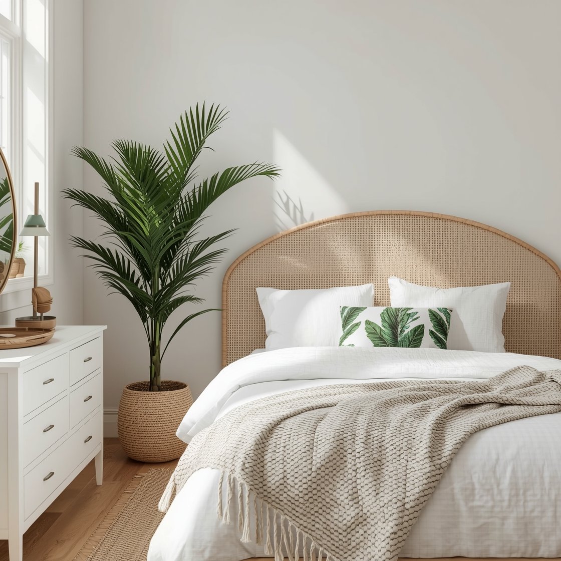 Medium shot of a Tropical Breeze on a Budget bed wall: crisp white bedding with palm-print pillows or a budget-friendly tropical quilt, a rattan headboard (or woven screen set behind the bed) providing texture. A tall faux palm or a real snake plant in the corner, natural sisal or textured cotton flatweave rug beneath. Cane-framed mirror over the dresser, bamboo tray and woven baskets as decor. Bright, airy daylight, palette of white, palm green, and rattan; effortless, sunny mood, photorealistic.