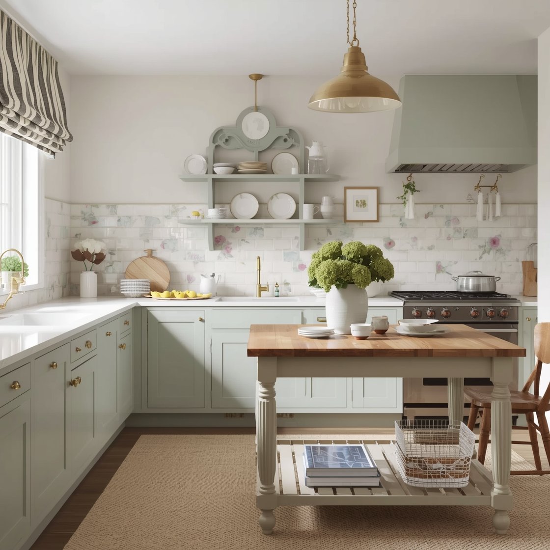 Medium shot, Soft Pastel Modern Cottage: pale sage green cabinets with brushed brass knobs; buttery cream quartz countertops; hand-painted floral or scallop tile backsplash in gentle pastels; milk-glass pendants over a wood-topped pastry table used as an island; brass library light above a plate rack; striped cafe curtains and a checkerboard rug. Soft daylight, sweet but modern, photorealistic.