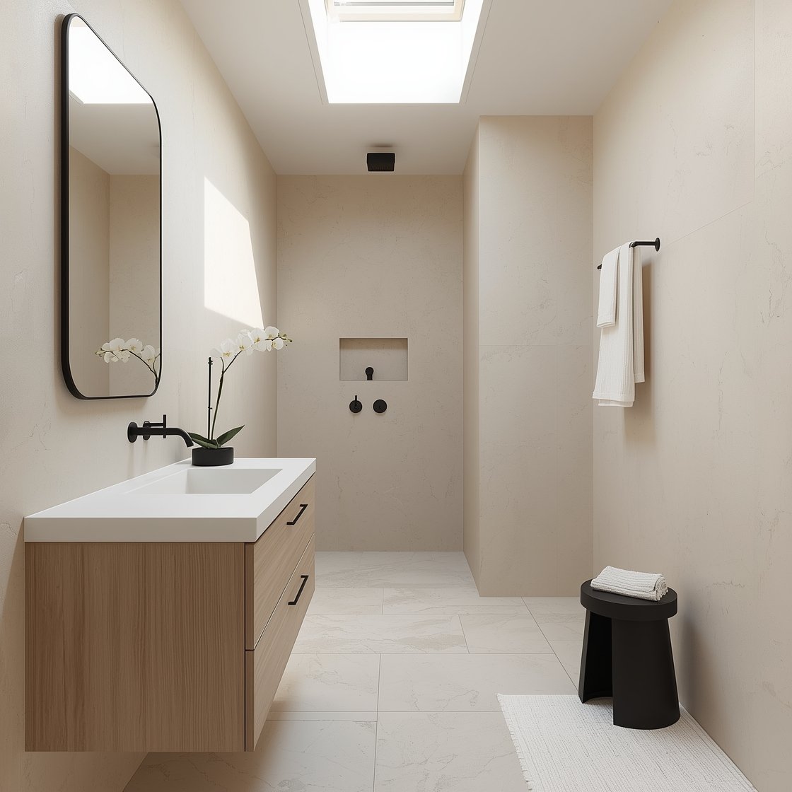 Medium shot, straight-on under a skylight: Light-filled Japandi bathroom with a floating pale ash wood vanity featuring slim finger pulls and an extra-deep drawer. Off-white quartz countertop with faint veining, wall-mounted delicate matte black faucet. Lower walls clad in soft beige neutral stone tiles; upper walls finished in velvety tadelakt-look plaster. Minimalist black shower set visible beyond, honed large-format travertine-look porcelain floor. A single white orchid catches the daylight from the skylight; linen waffle towels and a small black stool complete the scene. Palette: ivory, beige, pale ash, matte black; bright, airy mood.