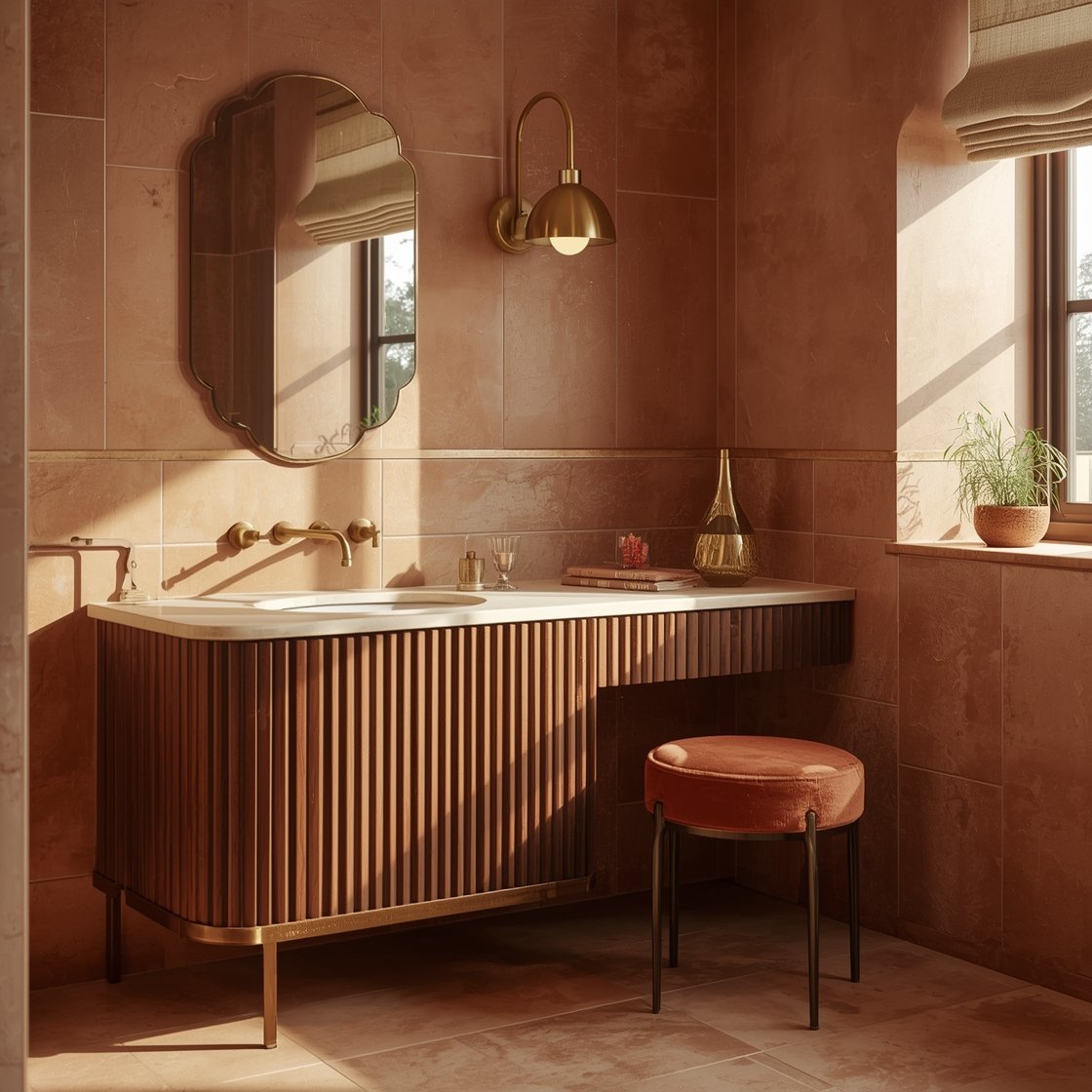 Medium shot: Terracotta and brass boho luxe vanity area with large-format terracotta tiles in a soft honed finish, brushed brass taps and hardware, a walnut fluted-front vanity topped with creamy stone, a scalloped-edge mirror, a velvet stool tucked nearby, and a linen roman shade; brass picture light above the mirror; palette terracotta, walnut, cream, brushed brass; textures fluted wood, honed stone, linen, metal; warm afternoon light.