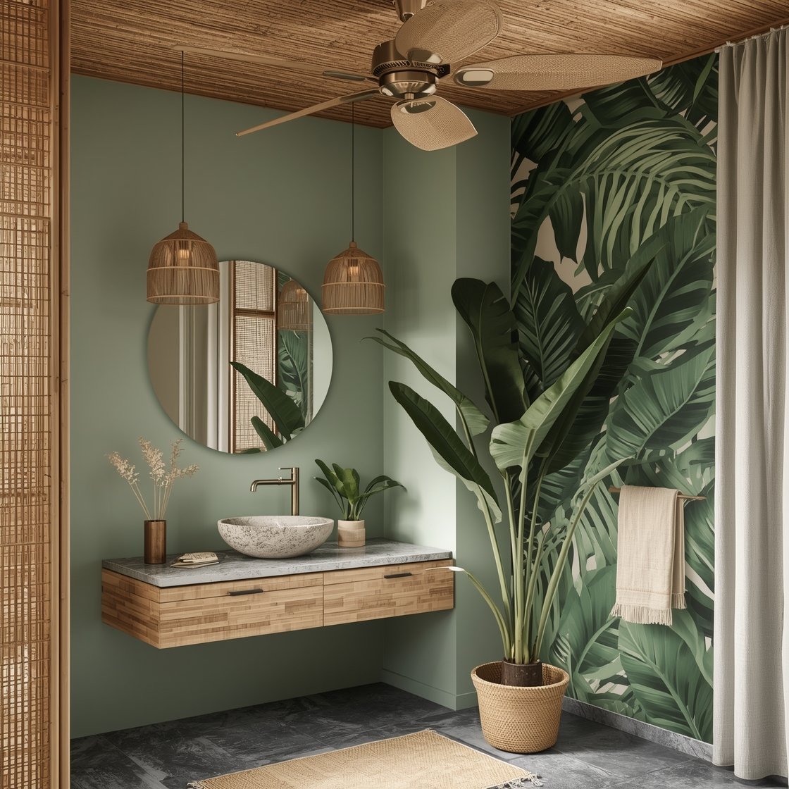 Medium shot: Tropical rattan retreat corner with crisp eucalyptus green walls, a floating bamboo vanity topped with a stone vessel sink, brushed brass faucet, a bold banana leaf wallpaper on one accent wall, hanging jute pendant lights, and a large leafy monstera; ceiling fan with woven rattan blades visible above; palette eucalyptus, warm brass, cream, charcoal; textures of rattan, bamboo, stone, linen; bright, breezy daylight.