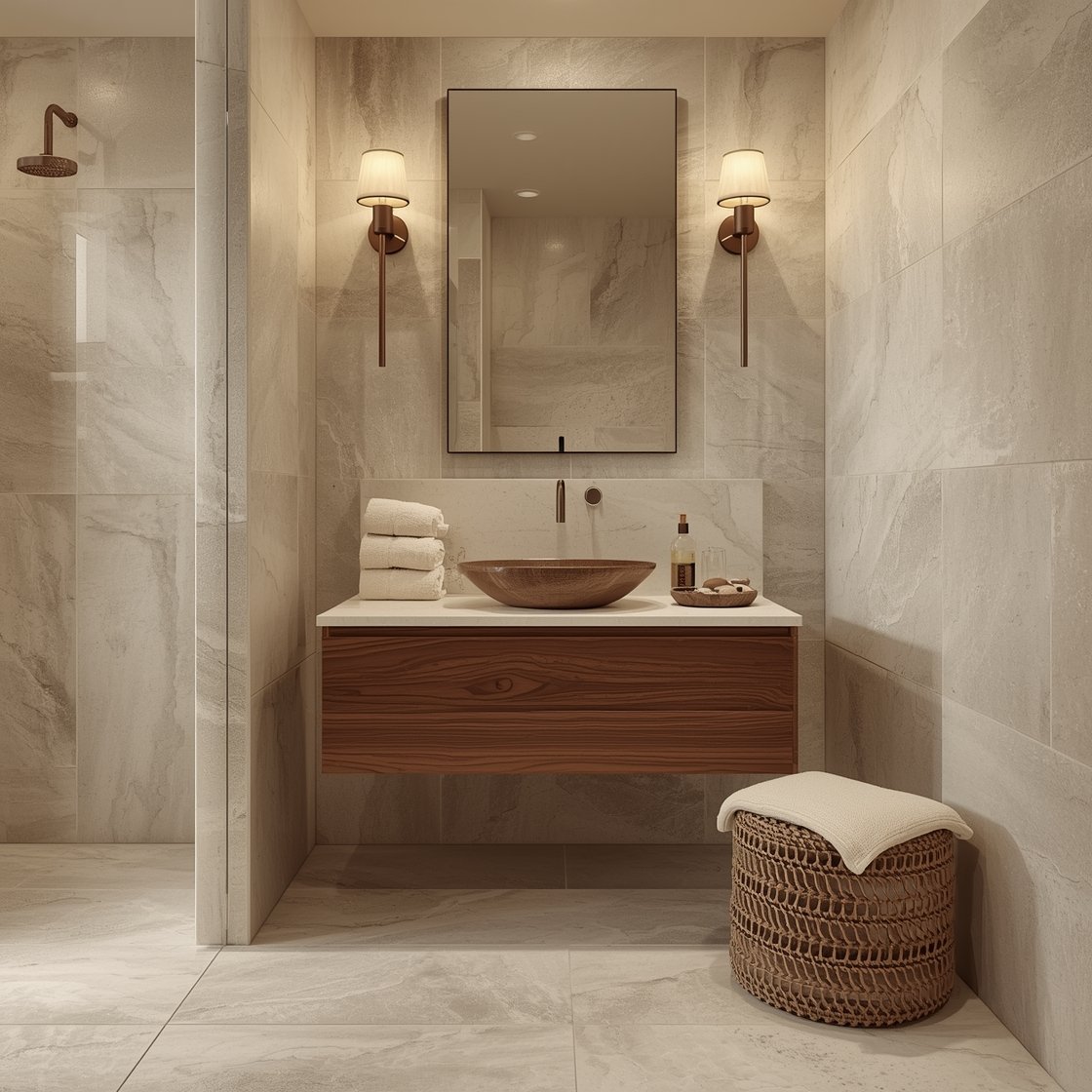 Medium spa-like scene centered on limestone-look porcelain: shower walls and floor wrapped in the same gentle-veined stone-look tile for continuity; floating walnut vanity with creamy quartz top and shallow integrated sink; frameless mirror; warm, dimmable sconces; accents include stacked plush cream towels, woven stool, and a small bowl of river stones; serene, warm glow.