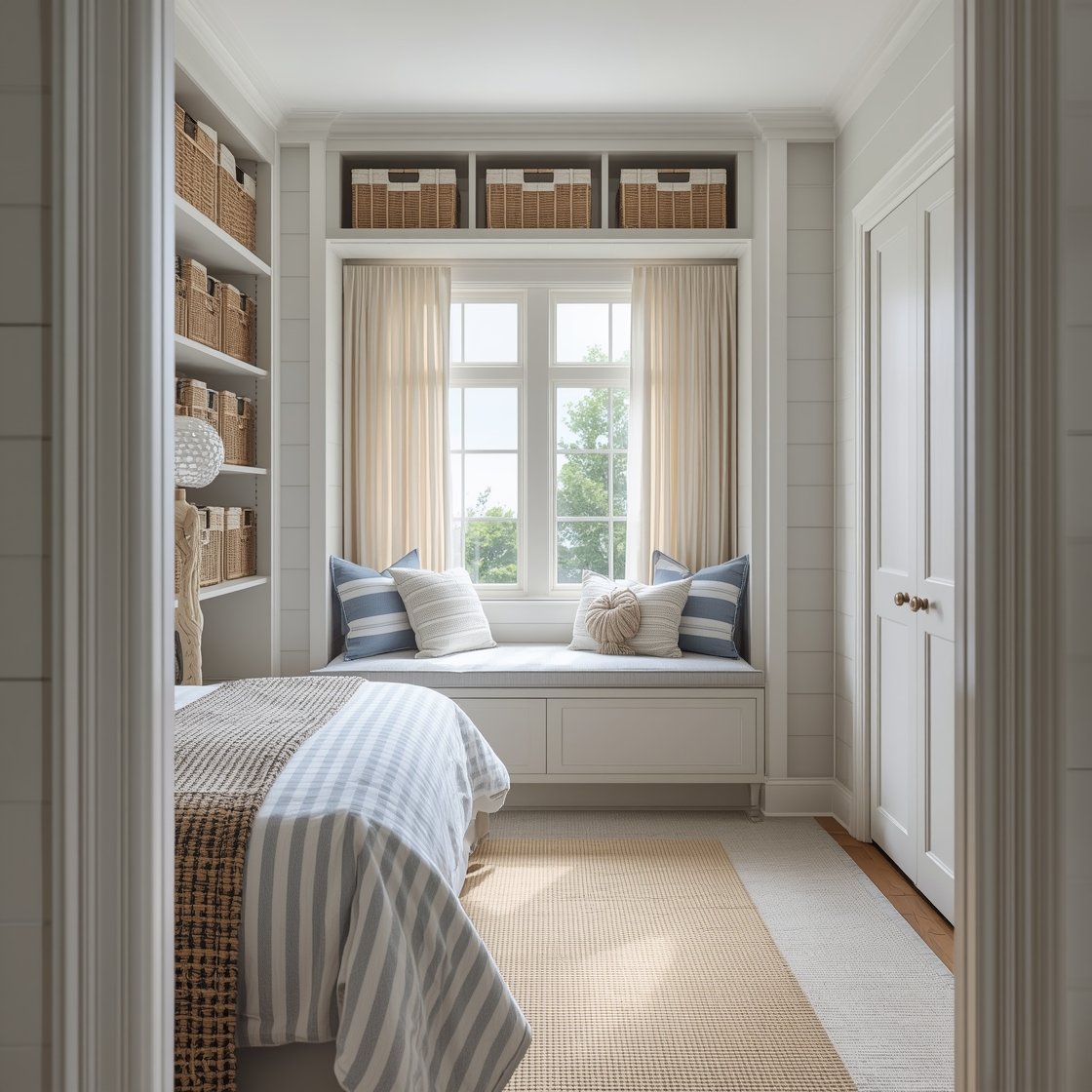 Medium straight-on photorealistic shot of a coastal capsule closet bedroom: shiplap walls in soft greige, built-in cubbies framing the bed like a beachy bookcase with woven baskets labeled on upper shelves; blue-striped linens on the bed; a sisal runner leading to a window seat with lift-up storage open to reveal beach towels; a seeded glass lamp on a cubby shelf; driftwood-style curtain rod with airy sheers; palette of greige, sand, and ocean blue; bright, sun-washed daylight creating a breezy feel.