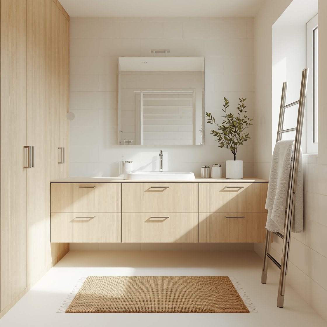 Medium straight-on view of a Scandinavian bathroom: blonde ash cabinetry with brushed nickel hardware; long integrated sink with gentle edges; wall-to-wall rectangular mirror; matte white porcelain tiles; accents include a woven jute bath mat, frosted glass canisters, slim ladder-style towel rack, and a small olive tree in a pale ceramic planter; airy, warm natural daylight.
