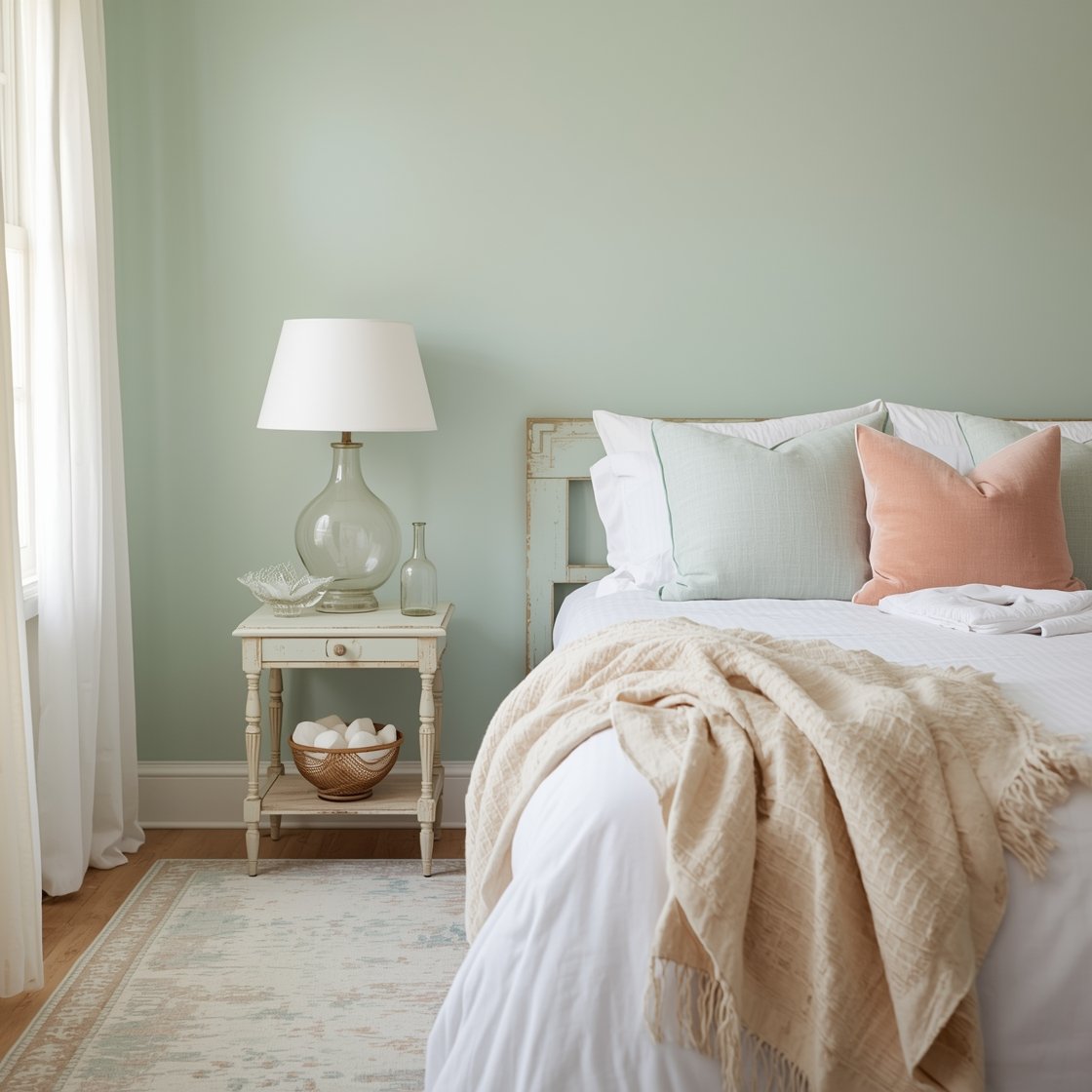 Medium-wide, airy Seaglass Pastels bedroom: gentle seafoam green walls, white bedding for balance, pastel throw pillows in pale aqua and blush coral, a lightweight gauzy throw. A painted side table in soft aqua beside the bed, glass base lamps in translucent seafoam or clear glass. Vintage-style distressed rug with faded blues and greens underfoot, simple glass bottles and a bowl of seaglass on the side table, sheer white curtains filtering light. Mood is soft, dreamy, and delicate with a gentle glow; photorealistic.
