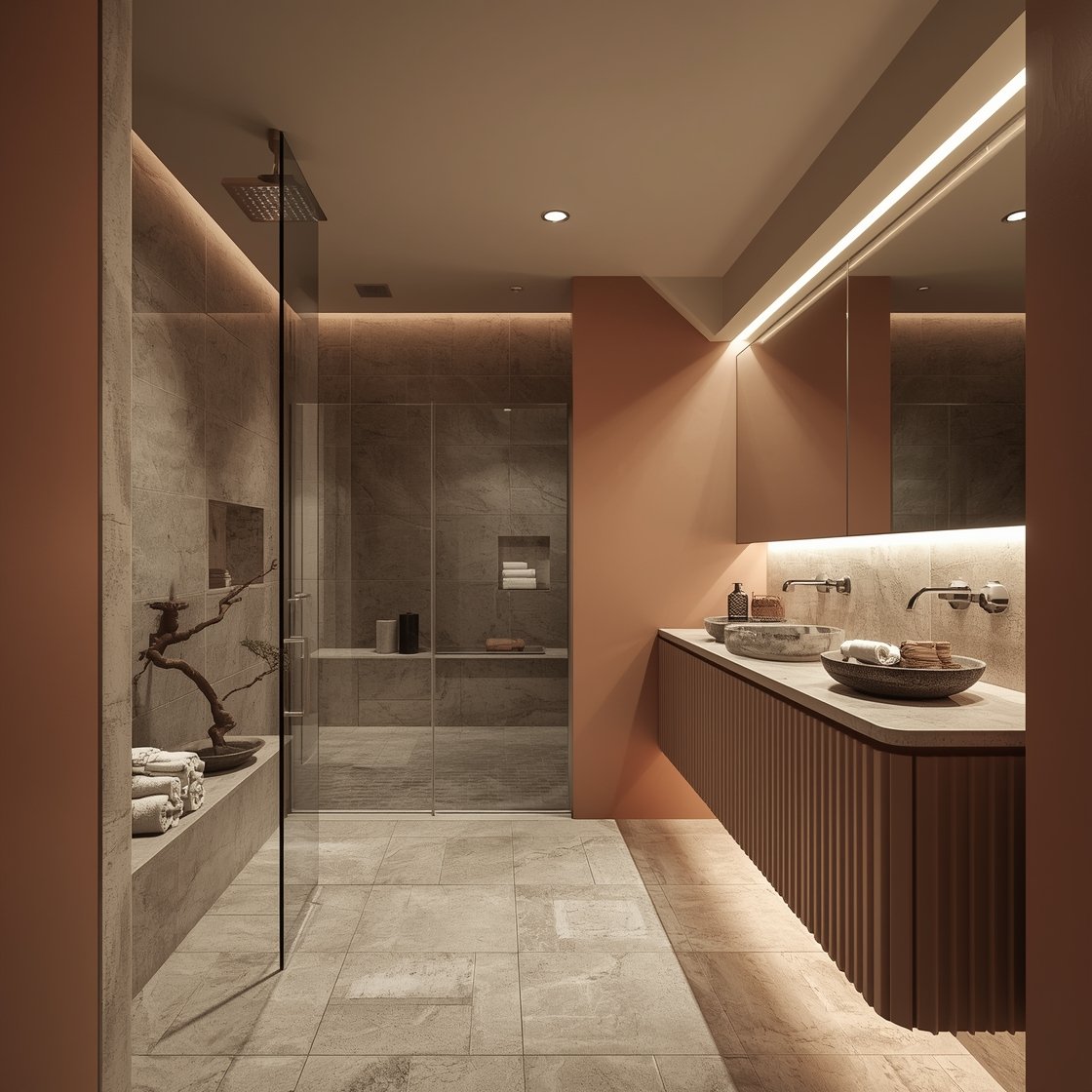 Medium-wide straight-on: “Terra + Stone Zen Suite” blending muted terracotta walls with honed limestone (or tumbled travertine) floor continuing into a walk-in shower with clear glass and linear drain. Ceiling-mounted rain head in brushed nickel glistening softly. Fluted travertine-front vanity with integrated stone sink and hidden drawers, recessed niches with stone shelves, cotton-linen greige towels neatly stacked, a low bonsai, pebble soap dishes. Dimmable warm LED cove lighting washing the wall, quiet luxury, spa-serene, photorealistic.