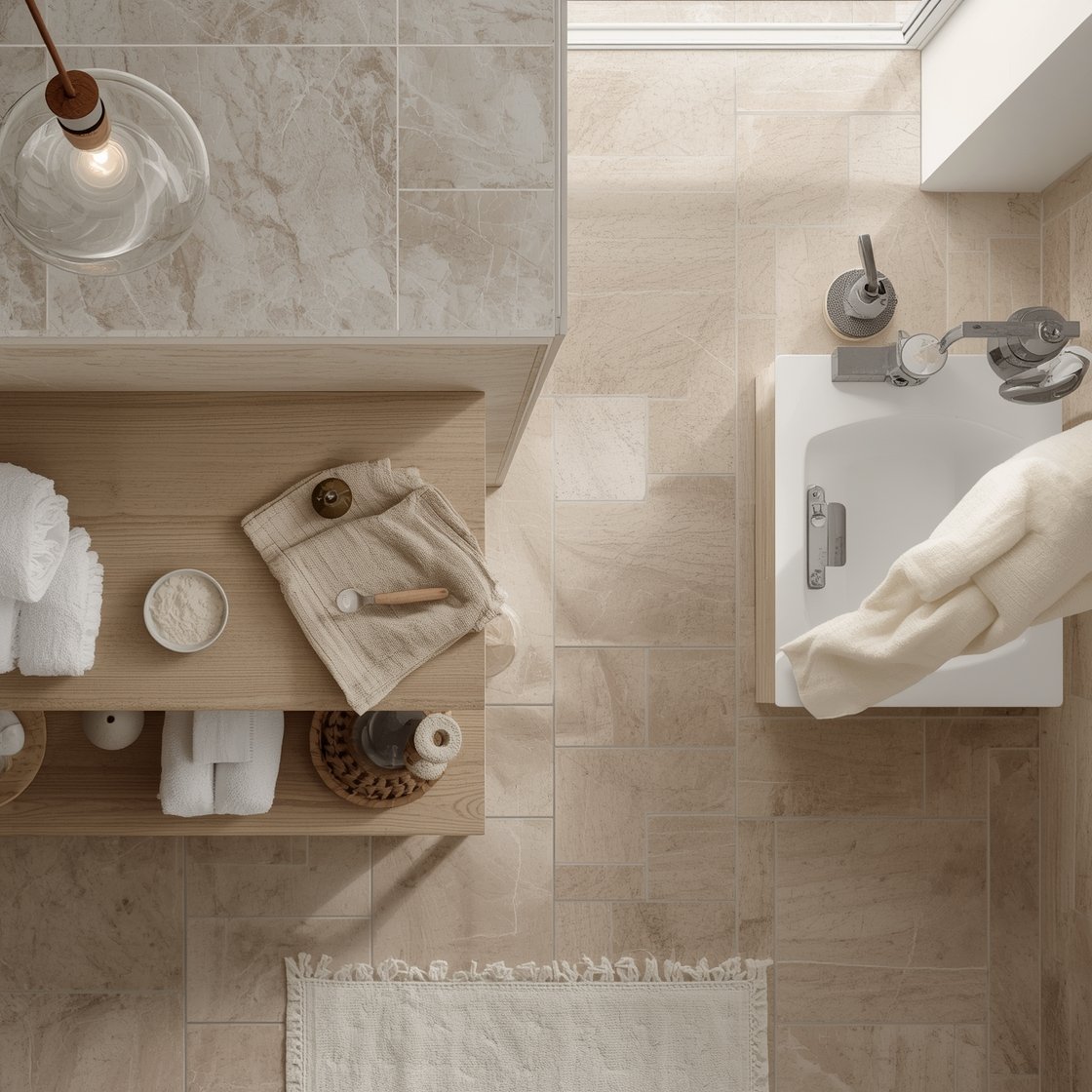 Overhead detail of textured neutrals and layered linen: linen-look porcelain wall tiles meeting slightly darker sandy floor tile; simple oak vanity with open shelving and rolled towels; creamy ceramic accessories on a stone tray; woven lidded basket nearby; full-length natural flax linen shower curtain and soft terry rug; frosted glass pendant casting diffuse glow; tactile, calming palette.