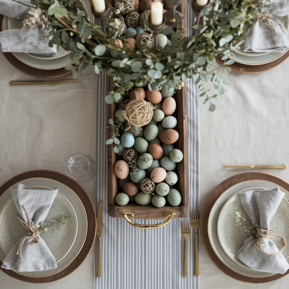 Overhead detail shot of a rustic dining table setting: stonewashed linen tablecloth with a narrower ticking-stripe runner; long wooden trough centerpiece filled with dyed eggs in muted sage, clay, and dusted blue, with quail eggs, grapevine orbs, and candles in antique brass holders; place settings with speckled salad plates and twine napkin rings holding herb sprigs; hint of a wreath chandelier above woven with eucalyptus and delicate faux blossoms; linen, clay, brass, and duck egg blue palette; elevated farmhouse elegance.