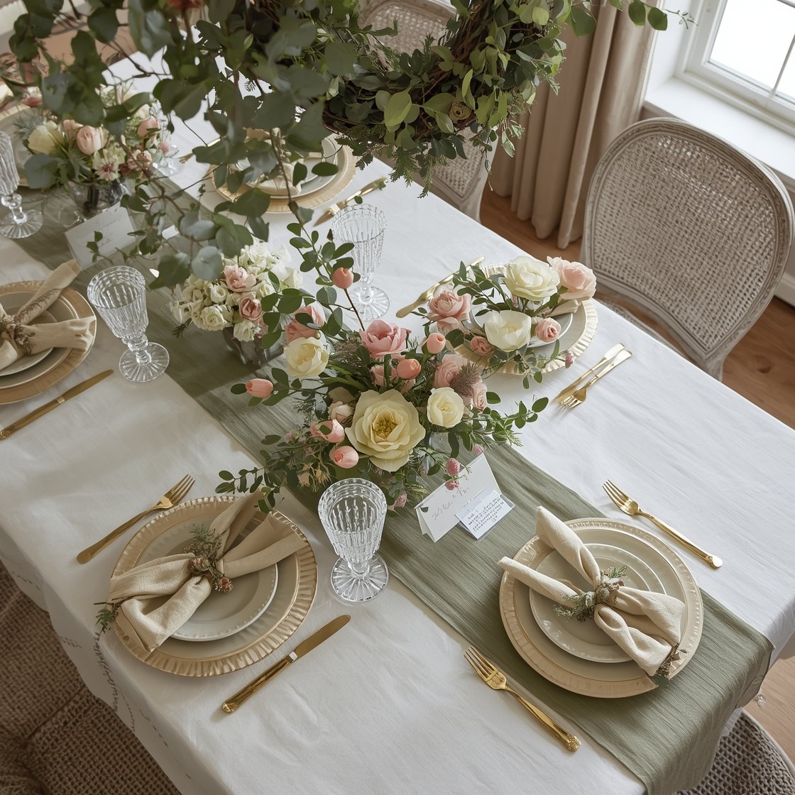 Overhead tablescape shot in an elegant dining room: rectangular dining table dressed with a crisp white tablecloth and a sage-green runner; layered place settings with cream stoneware plates, scalloped chargers, linen napkins tied with velvet ribbon; gold flatware and cut-crystal goblets; low floral centerpieces of ranunculus, tulips, and eucalyptus; name cards adorned with tiny faux carrots; color palette sage, blush, cream, antique gold; reflected light from a nearby mirror/window where the wreath hangs off-frame, adding soft glow; photorealistic.
