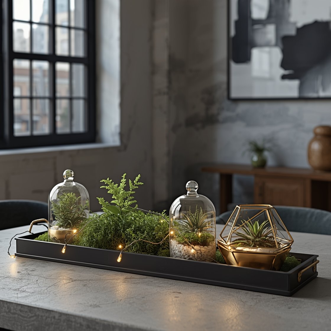 Photorealistic medium shot of an urban greenhouse centerpiece on a concrete table: a long, narrow black metal tray lined with mini glass cloches covering tiny ferns, lush moss, and air plants. Two geometric brass terrariums filled with fresh moss and white gravel add structure. A warm LED micro-light string is tucked under the moss, creating a soft evening glow. Background features black-framed windows and abstract art, delivering a chic downtown loft meets spring conservatory mood.